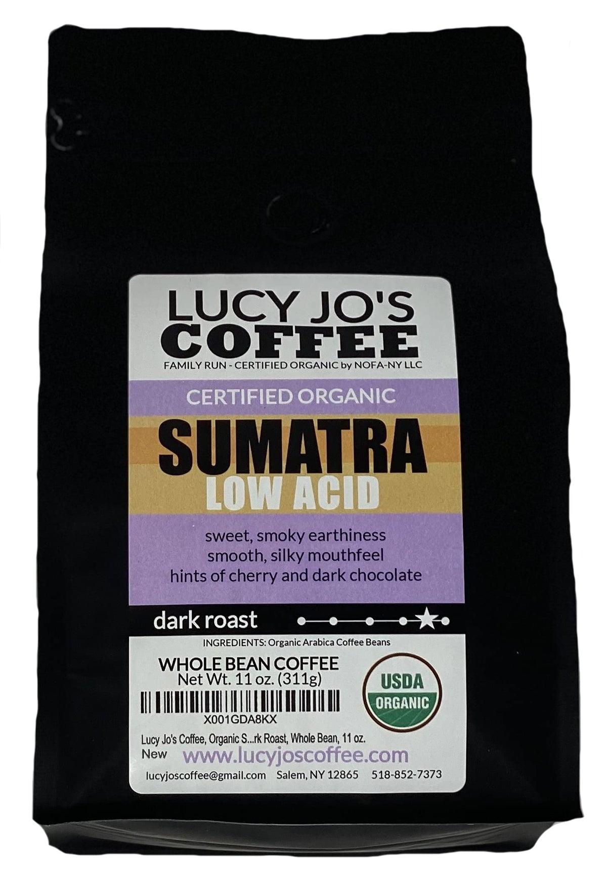 Lucy Jo'S Coffee, Organic Sumatra, Low Acid, Dark Roast, Whole Bean, 11 Oz.