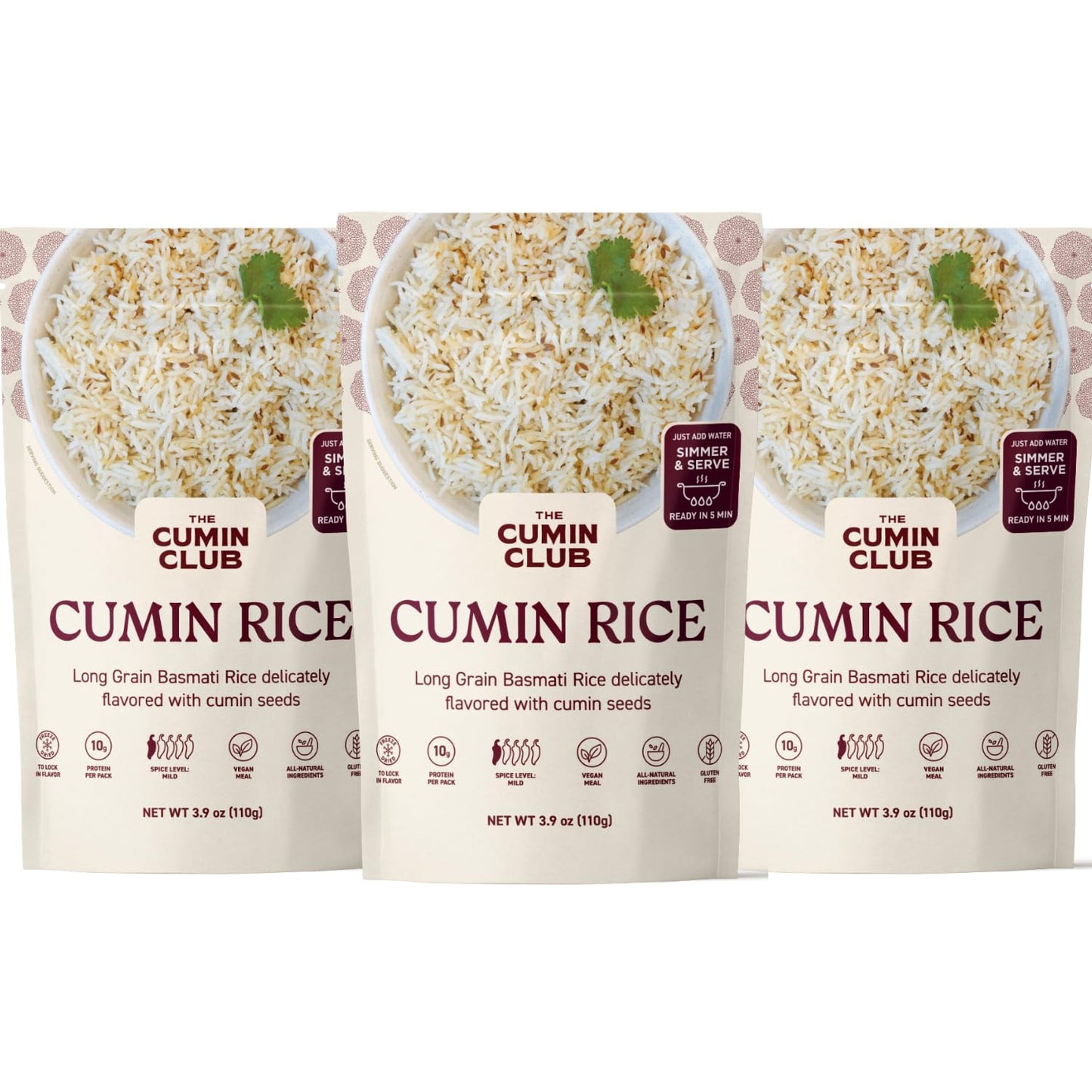 The Cumin Club Basmati Cumin Rice - Instant Meals, Pack of 3, 2.5 Ounce Each - Healthy and Flavorful Indian Food