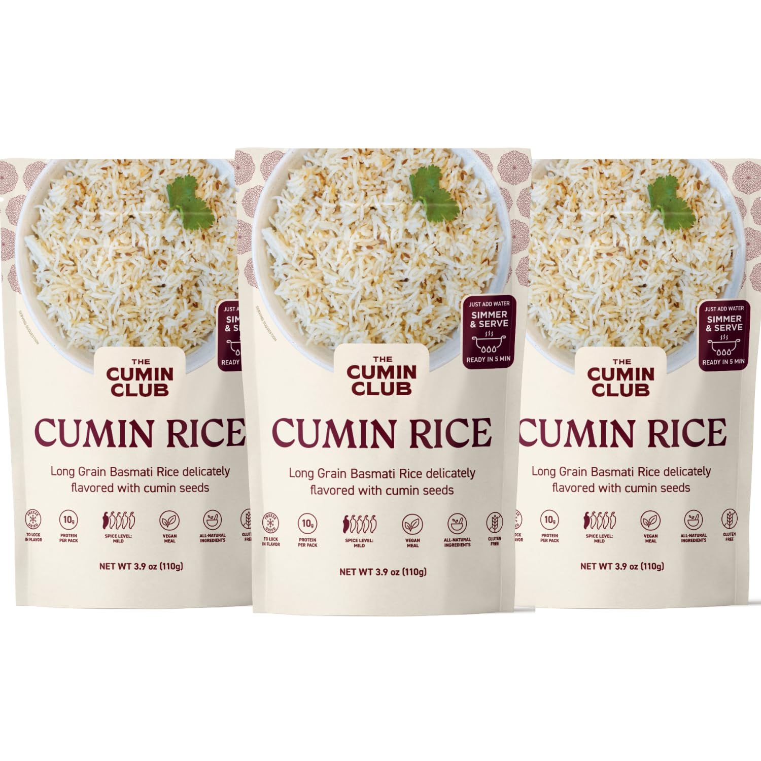 The Cumin Club Basmati Cumin Rice - Instant Meals, Pack of 3, 2.5 Ounce Each - Healthy and Flavorful Indian Food