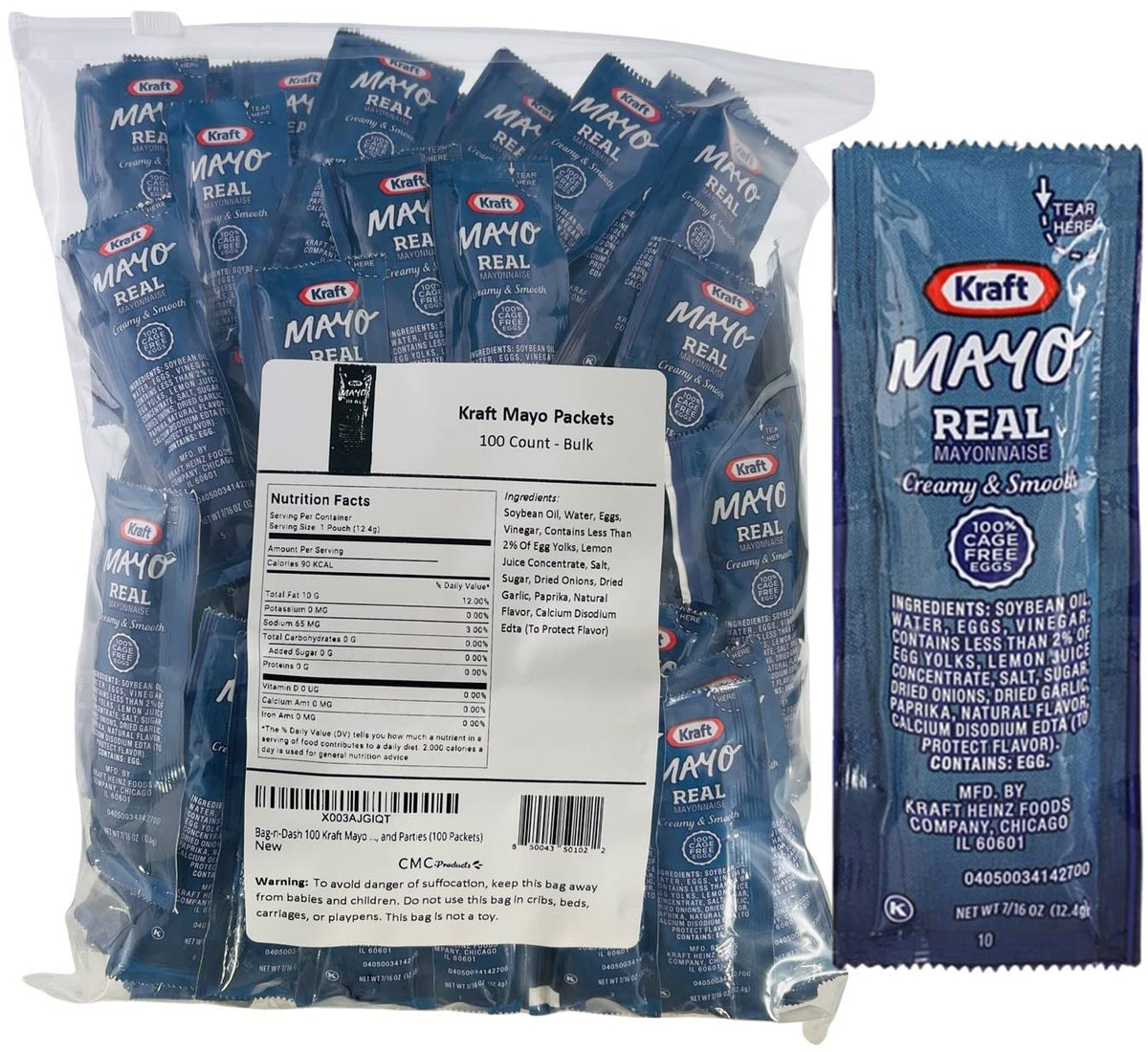 Bag-N-Dash 100 Kraft Real Mayo Condiment Packs - Single Serve Packets Of Mayo W/ Plastic Food Bag & Slide Seal For Easy Storage