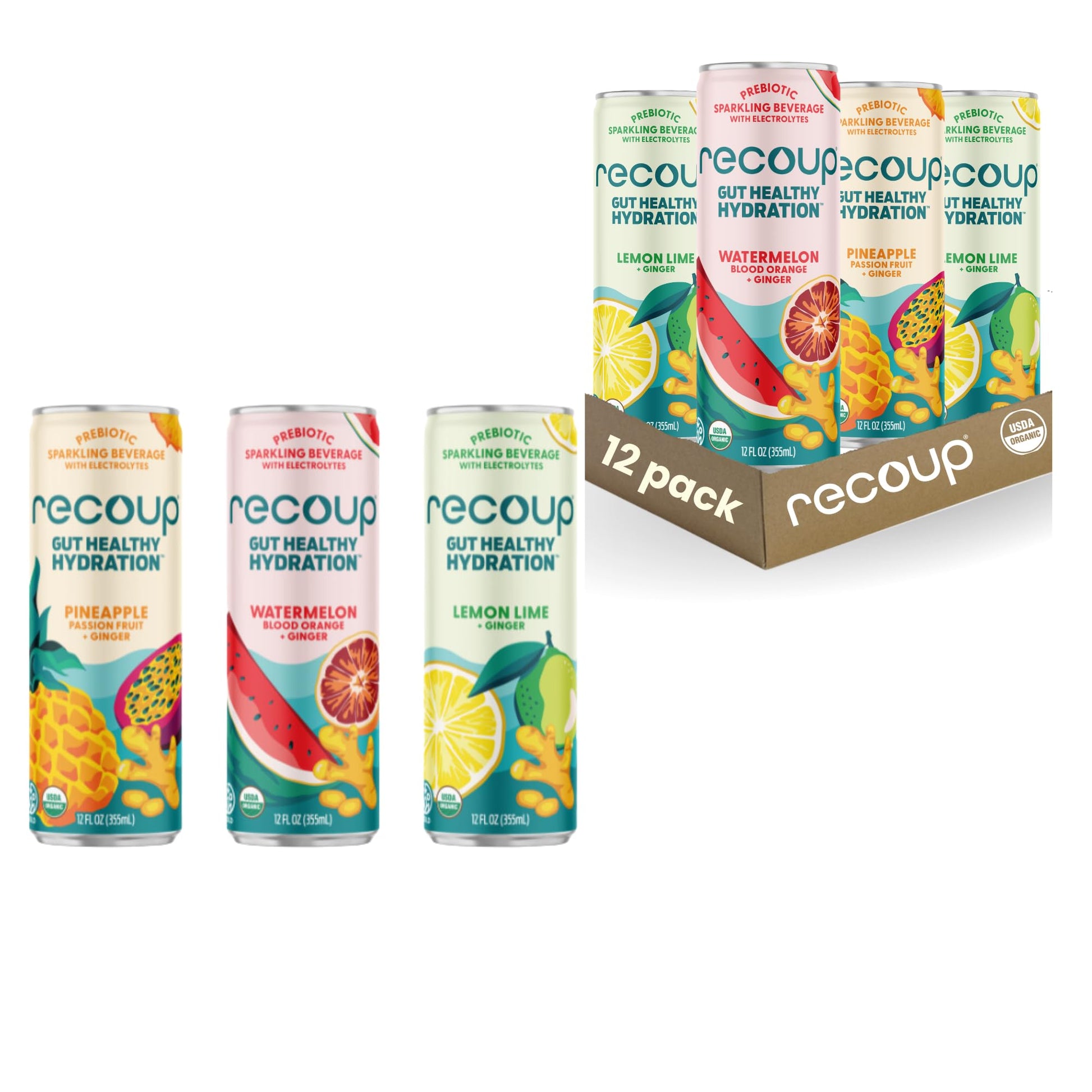 Recoup Organic Sparkling Prebiotic Drink - Variety + Flavor Blendger With Electrolytes For Gut Health Support & Hydration  No Added Sugar ((Pack Of 12)  Variety)