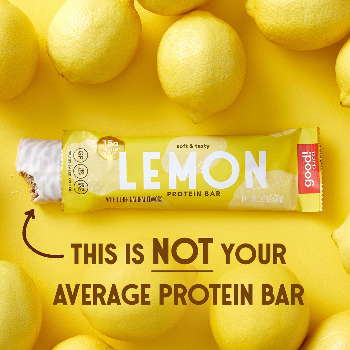 Good! Snacks Vegan Lemon Protein Bar | Gluten-Free, Plant Based, Low Sugar, Kosher, Soy Free, Non Gmo | 15G Protein (12 Bars)