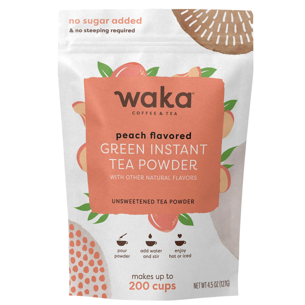 Waka Instant Green Tea Mix, Peach Flavored - 100% Tea Leaves, No Additives, Unsweetened Tea Powder In Bulk Pouch - Easy Quick Ho