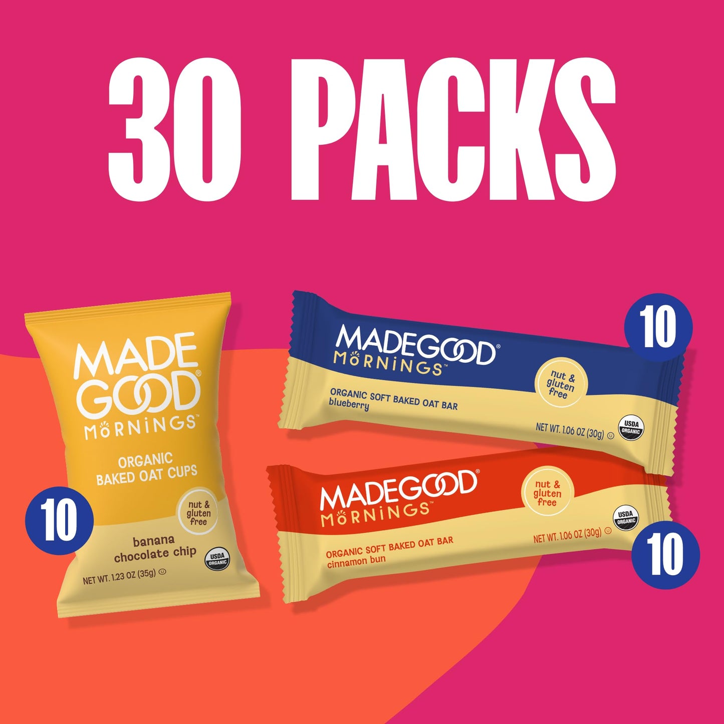 MadeGood Mornings Soft-Baked Oat Bars & Oat Cups Variety Pack (30 count)