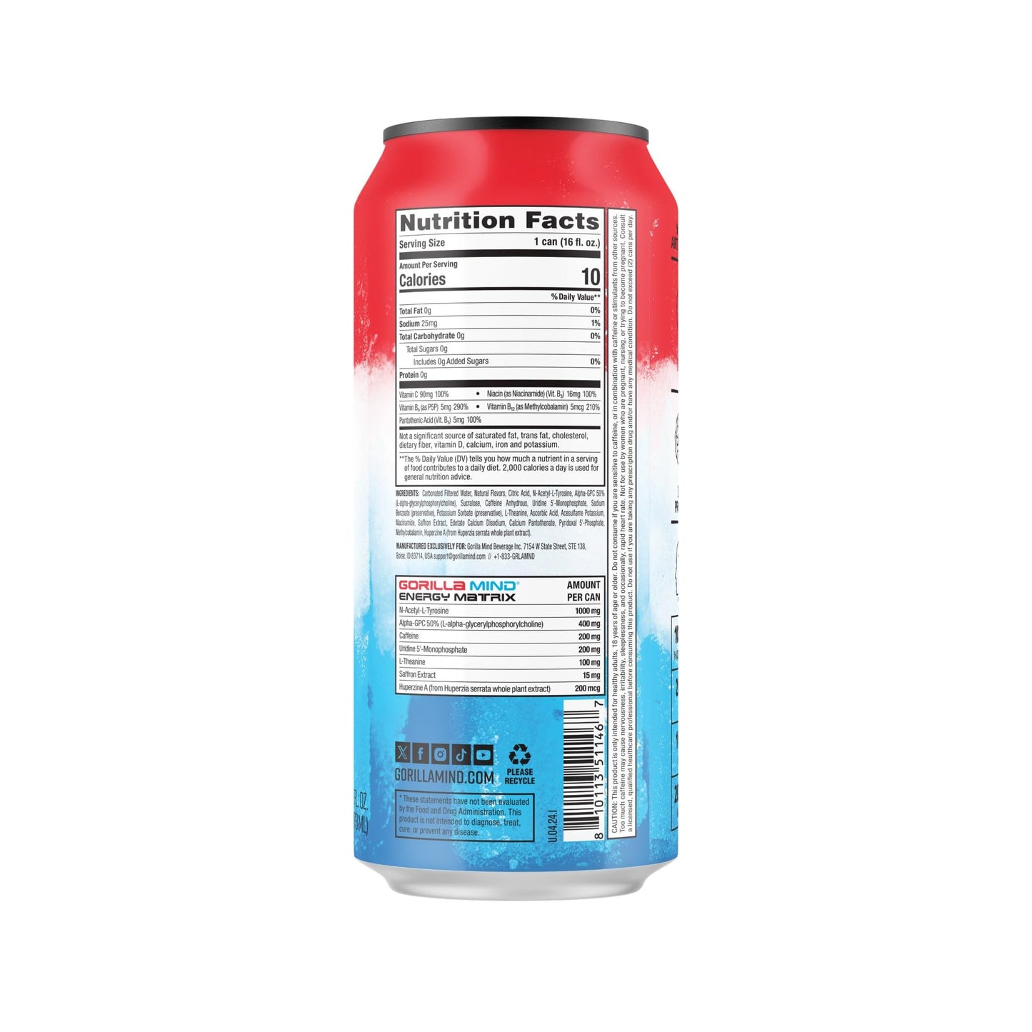 Gorilla Mind Energy Drink 16oz, 12-Pack | 200mg Caffeine, N-Acetyl-L-Tyrosine, Alpha-GPC, Uridine, Saffron,
