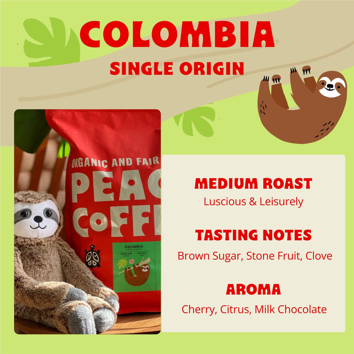 Peace Coffee Colombia Single Origin Coffee | 5 Lb Whole Bean Medium Roast | Organic Fair Trade | Smooth, Crisp Flavor | Shade Gr
