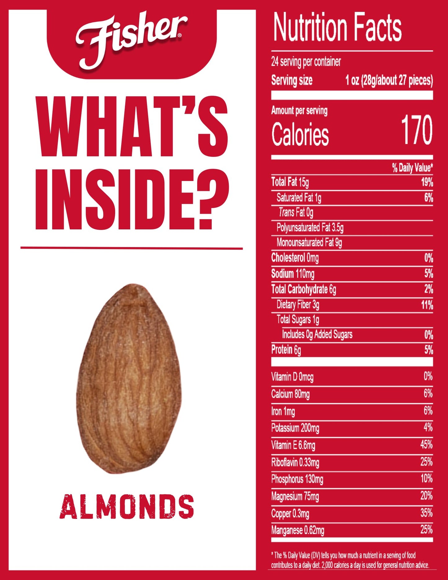 Fisher Oven Roasted Never Fried Almonds  24 Ounces (Pack of 1)  Heart Healthy Snacks for mature-themeds  Made with Sea Salt  No Added Oil  Artificial Ingredients or Preservatives  Gluten Free  Vegan Protein