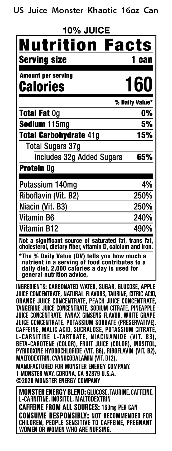 Monster Energy Juice Monster Khaotic Tropical Orange Energy + Juice Energy Drink 16 Ounce (Pack of 15)