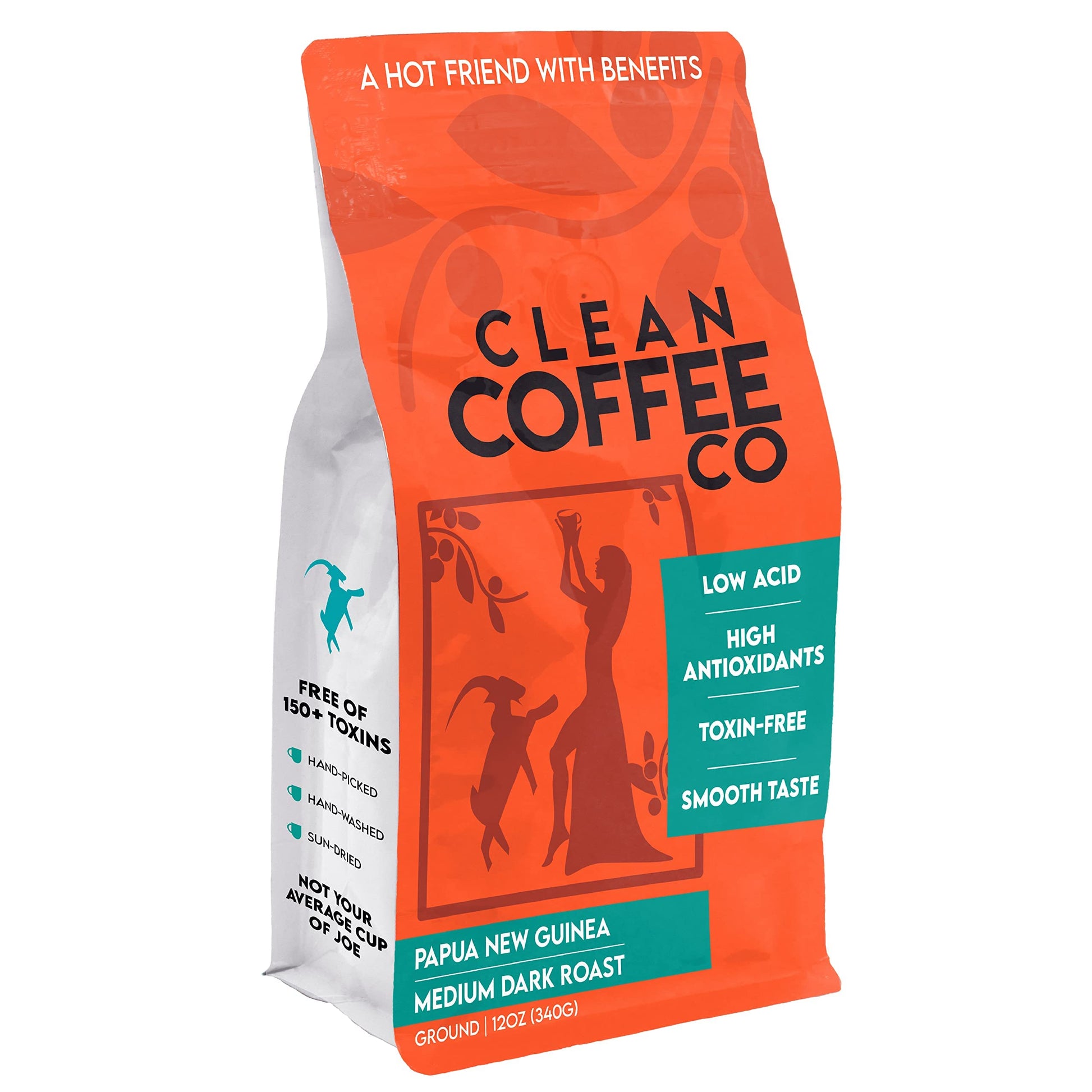 CLEAN COFFEE CO Low Acid Ground Coffee, Medium Roast, 12oz Bag, Papua New Guinea
