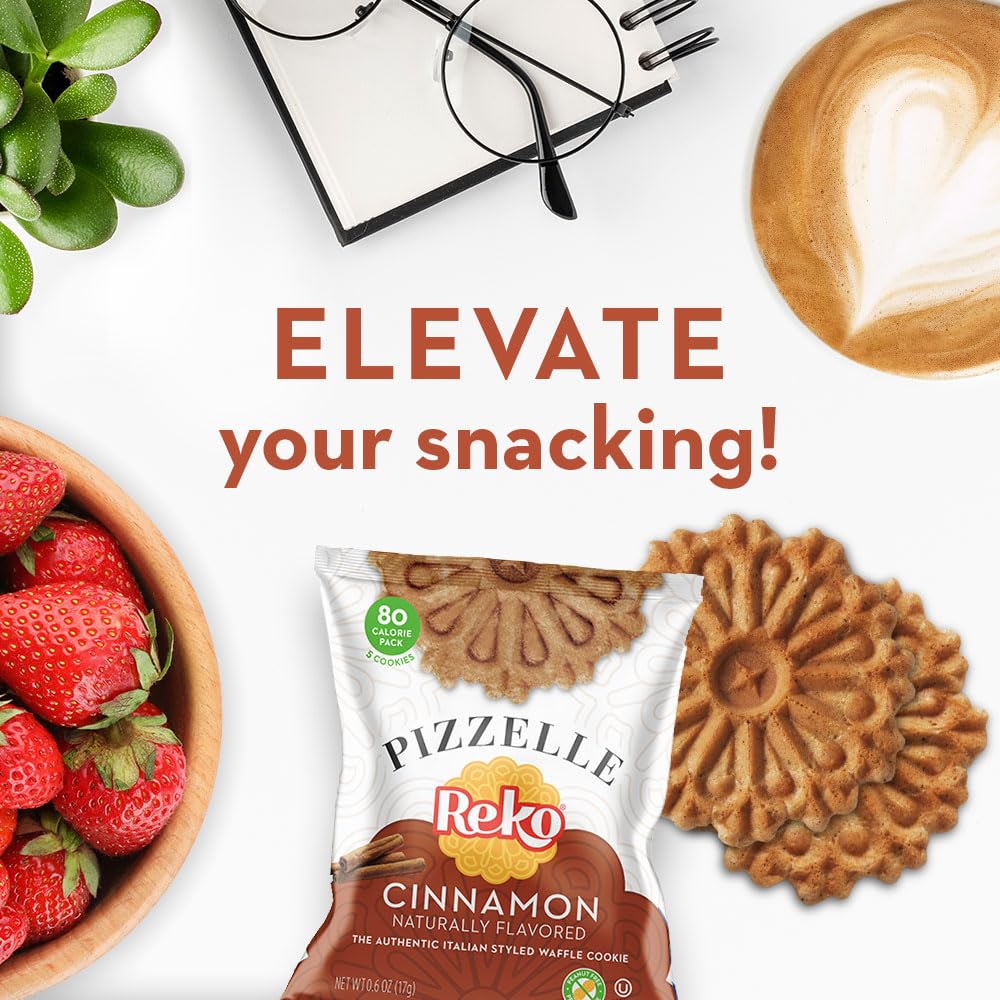 Reko Pizzelle Waffle Cookies - Cinnamon, Individually Wrapped Snack Packs, 5 Cookies per Pack, Box of 12, No Artificial Flavors or Preservatives