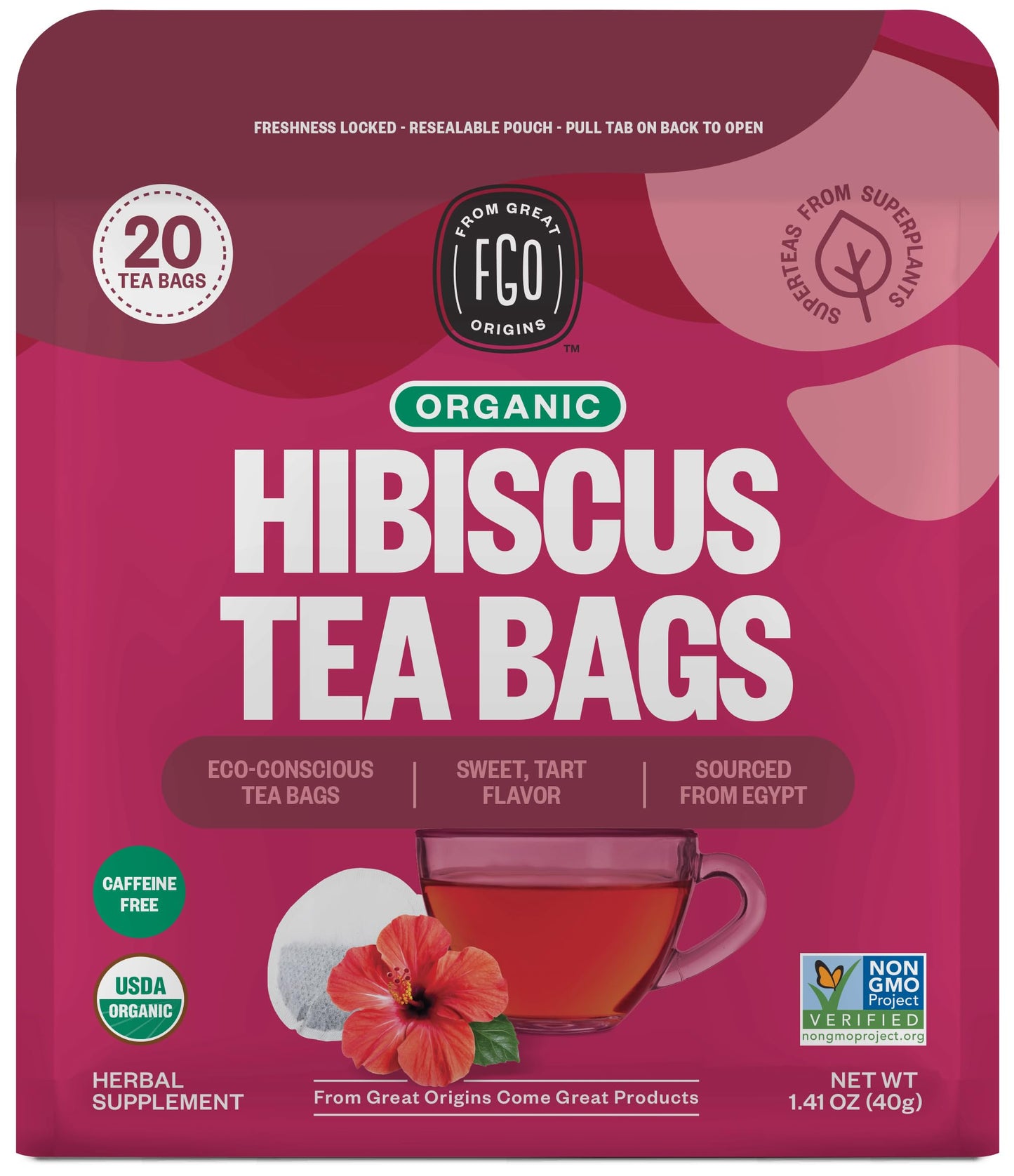 FGO Organic Hibiscus Herbal Tea - Caffeine Free, 20 Count Eco-Conscious Tea Bags, Resealable Bag