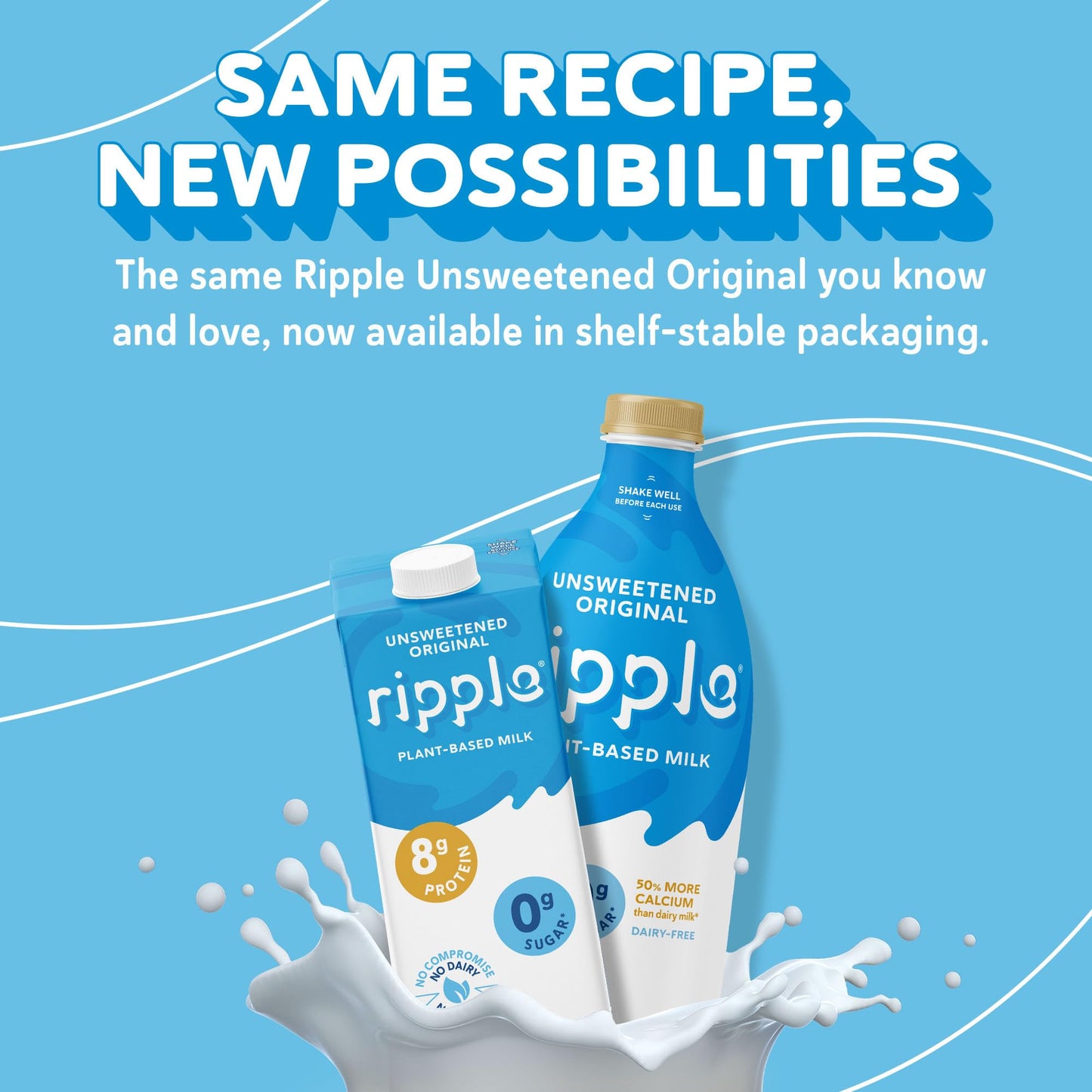 Ripple Unsweetened Original Non-Dairy Milks | Vegan Milk with 8g Pea Protein | Shelf Stable | Non-GMO. Plant Based, Gluten Free