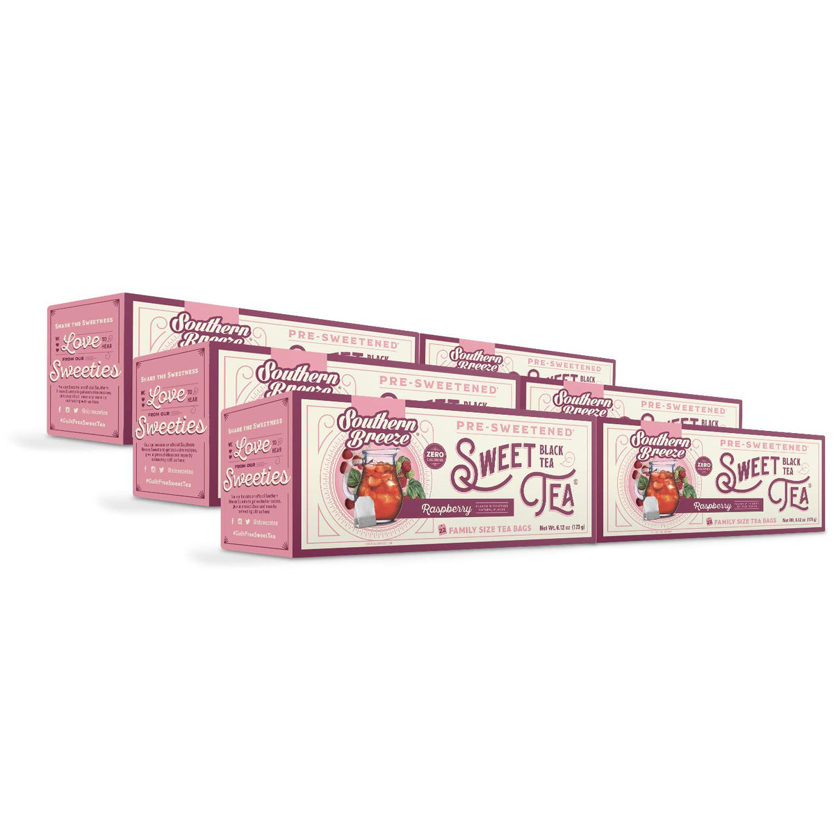 Southern Breeze Hot Brew Sweet Tea Raspberry Iced Tea With Black Tea And Zero Carbs Zero Sugar, 22 Individually Wrapped Family Size Tea Bags, Pack Of 6