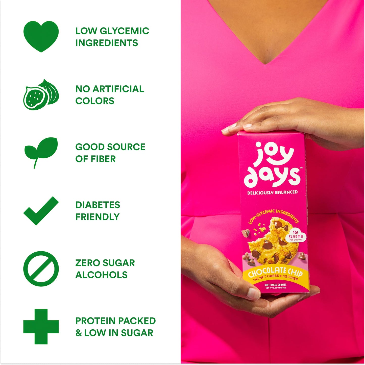 Joydays Chocolate Chip Cookies, 63% Less Sugar and High Fiber Snack, Plus Protein - Made for Balanced Nutrition, Healthy Snacks