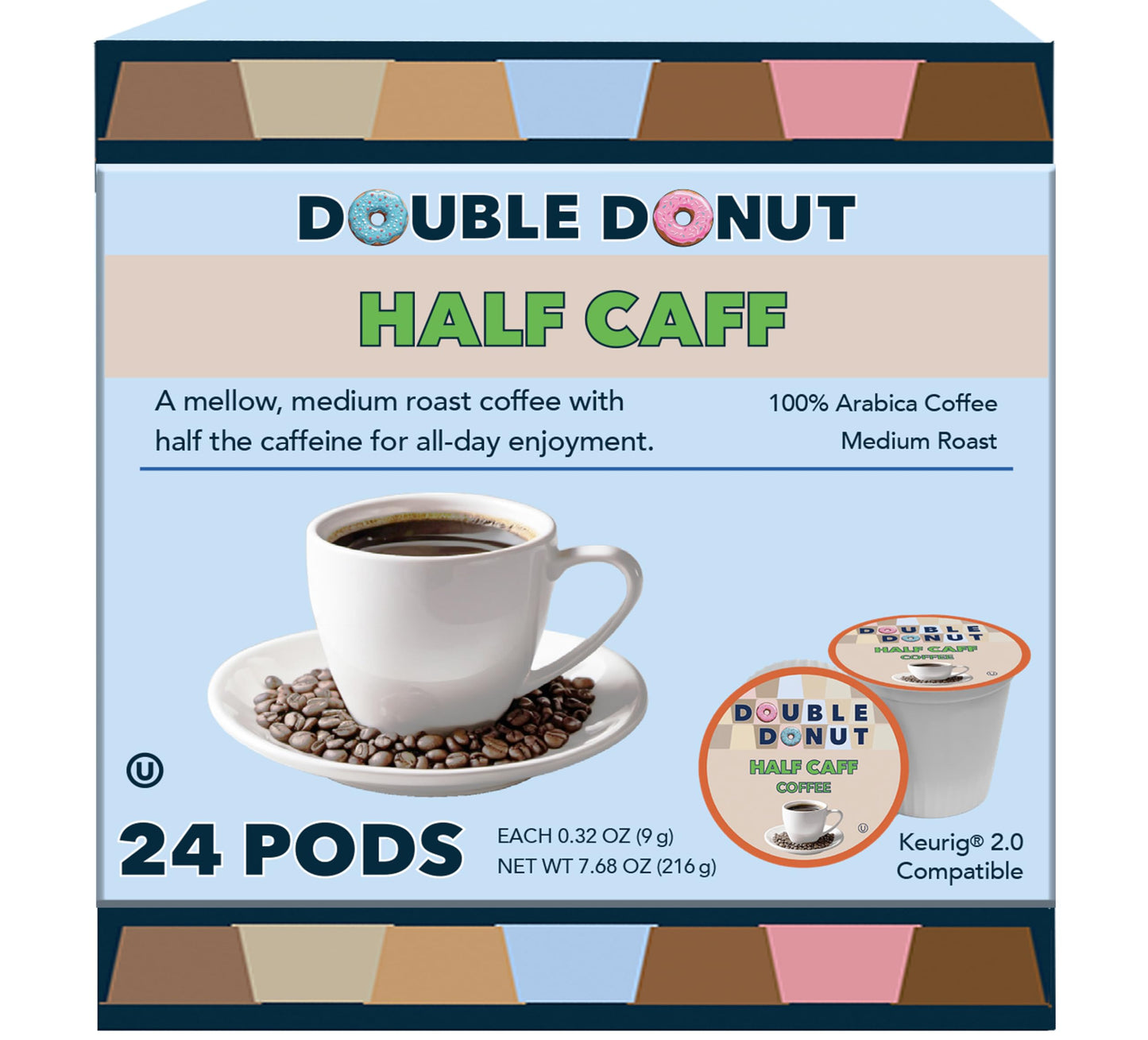 Double Donut Coffee Pods - Half Caff Medium Roast, 24 Count, Compatible with Keurig K Cup Brewers, Brown