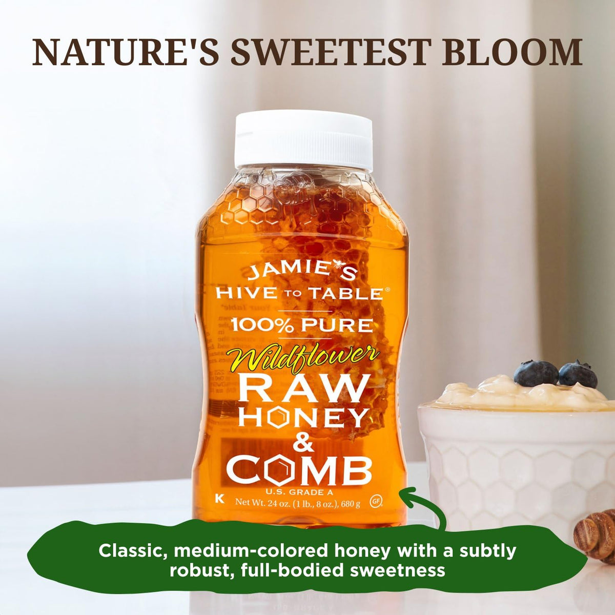 Jamies Hive To Table 100% Pure Wildflower Honey With Honeycomb, 24 Oz - Usa Made Raw & Unfiltered Honey - Fresh Edible Honeycomb