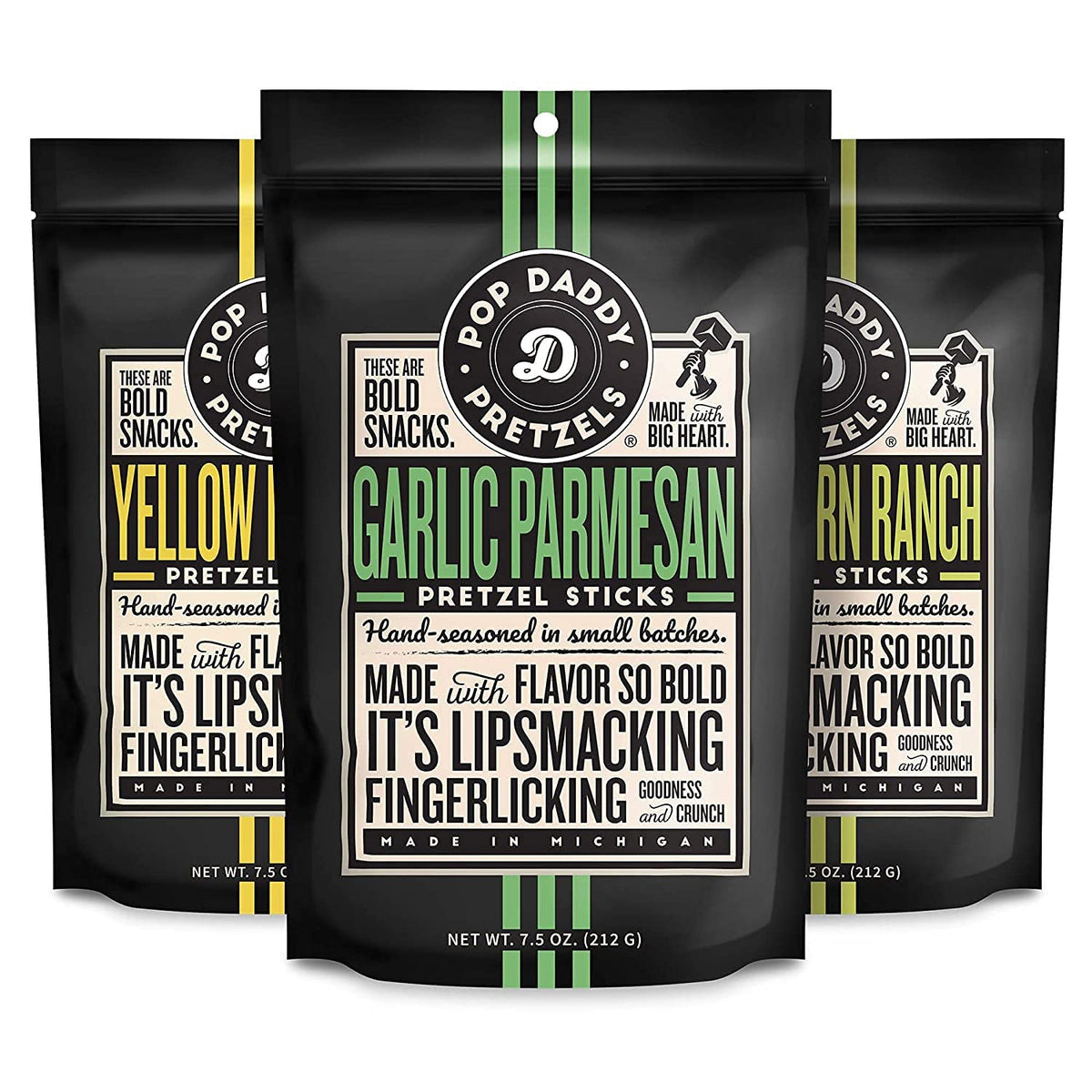 POP DADDY Flavored Pretzel Sticks - 7.5oz Variety Pack (3 Pack) - Garlic Parmesan, Peppercorn Ranch, Yellow Mustard