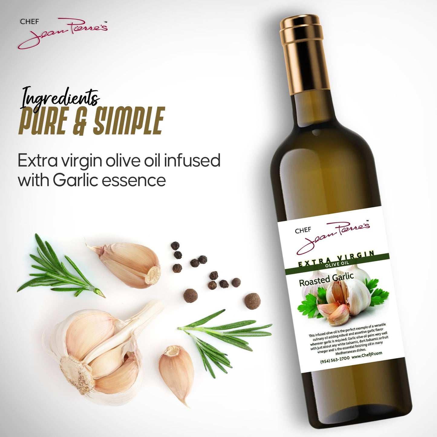 Chef Jean Pierre'S Extra Virgin Roasted Garlic Olive Oil - 375Ml (12.5Oz) Glass Bottle - Naturally Infused With Sweet And Tangy