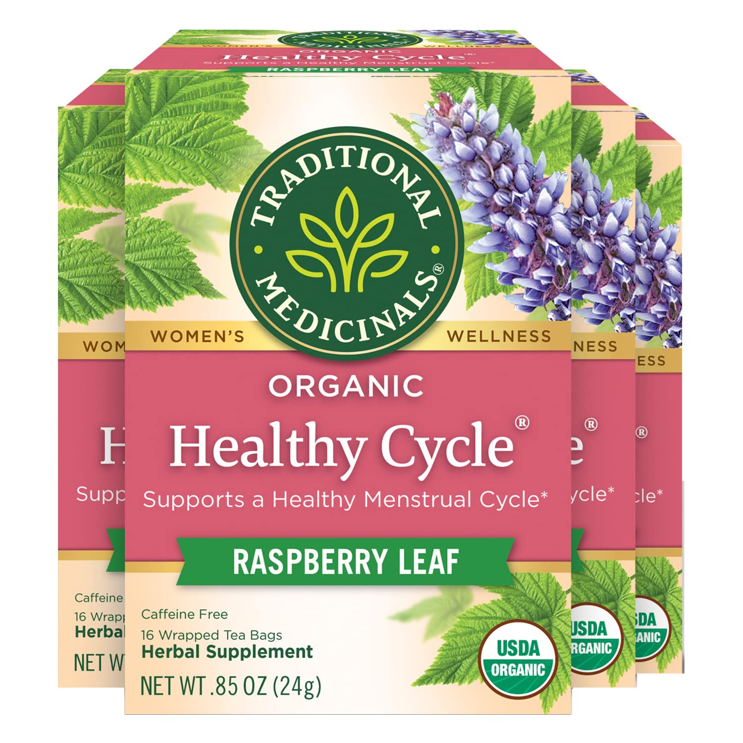 Traditional Medicinals Organic Healthy Cycle Raspberry Leaf Herbal Tea, Supports a Menstrual Cycle, (Pack of 4) - 64 Tea Bags To