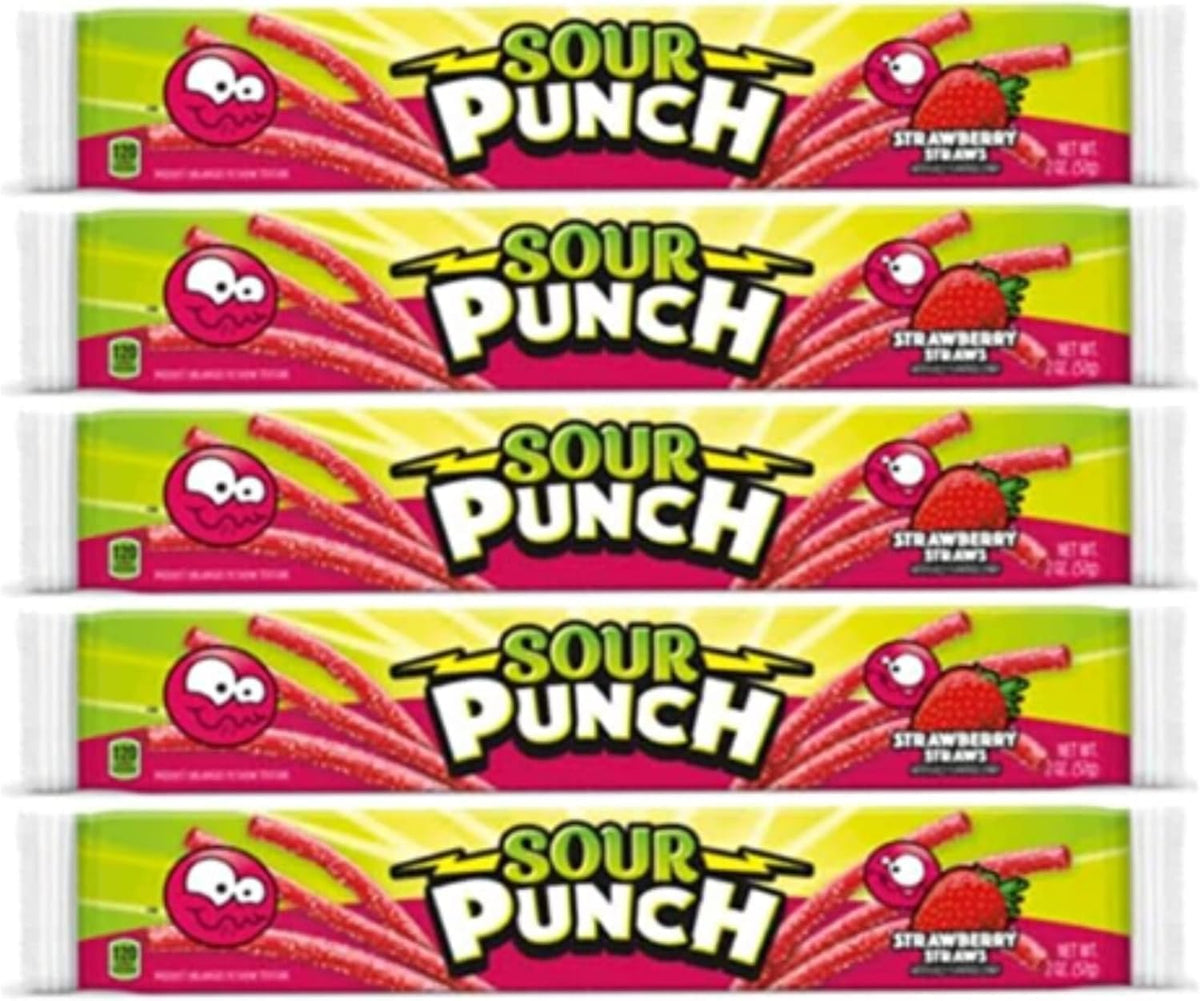 Sour Punch Straws Bundle 5 Items Gift Assortment 2 ounce pack each, 5 packs total (Strawberry)