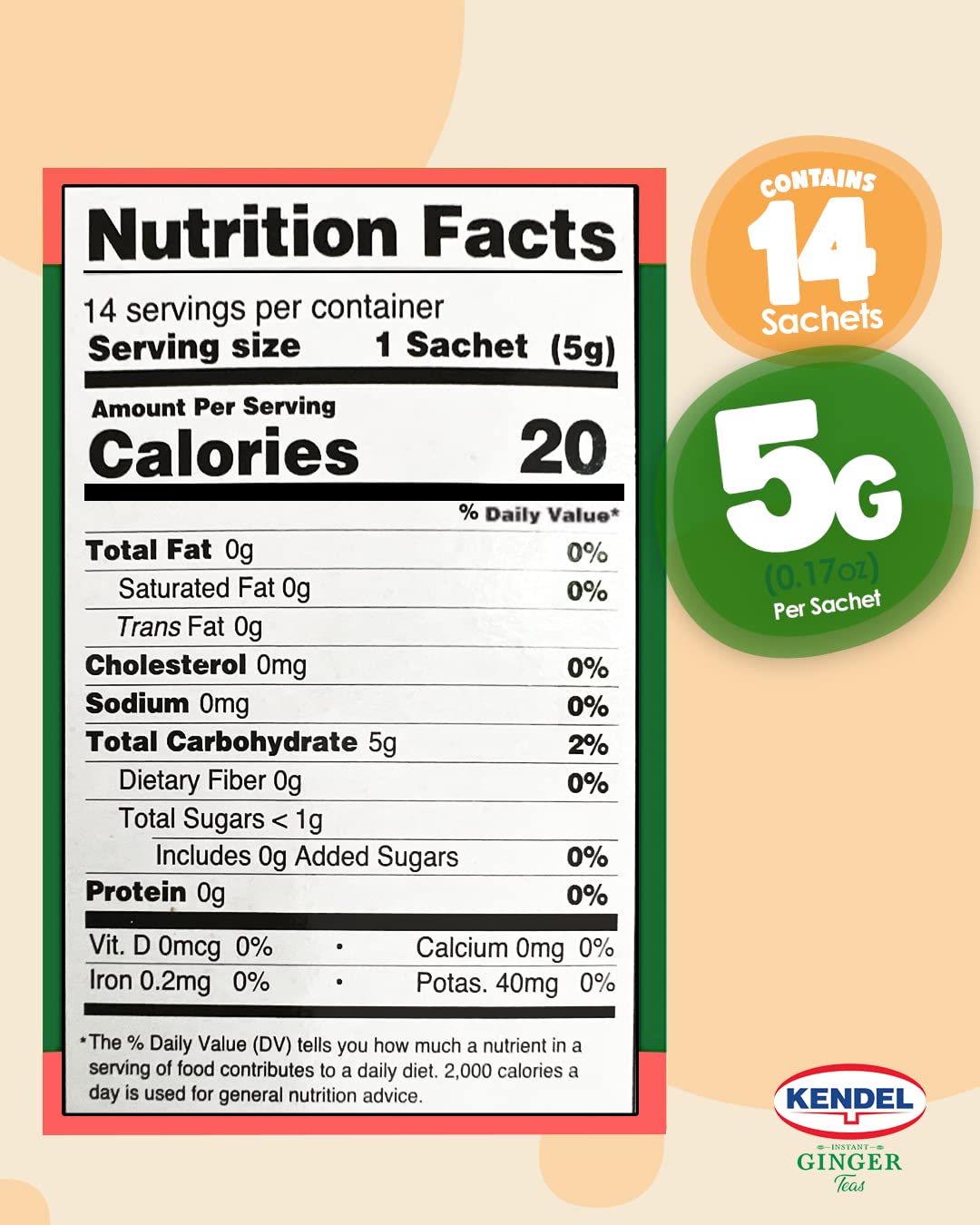 Kendel Instant Ginger Tea, Ginger-Tumeric Unsweetened, Caffeine Free, Non-GMO, 14 Tea Bags