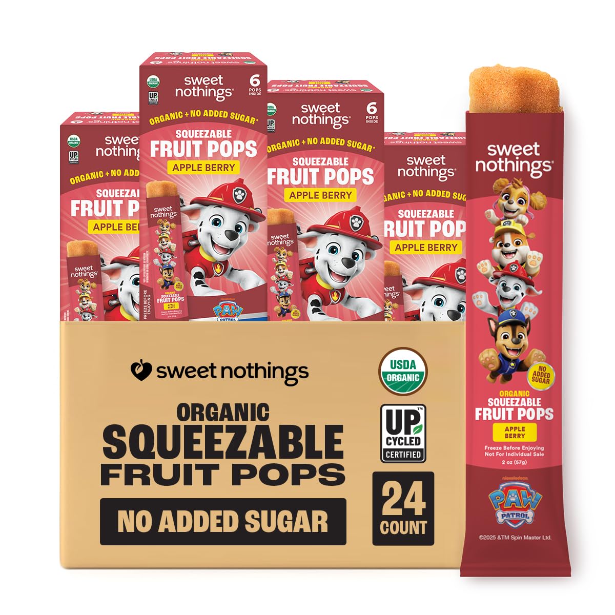 Sweet Nothings, PAW Patrol Apple Berry, USDA Organic Kids Squeezable Super Fruit Popsicle Pops, Value Pack of 24 - Dye-Free, No