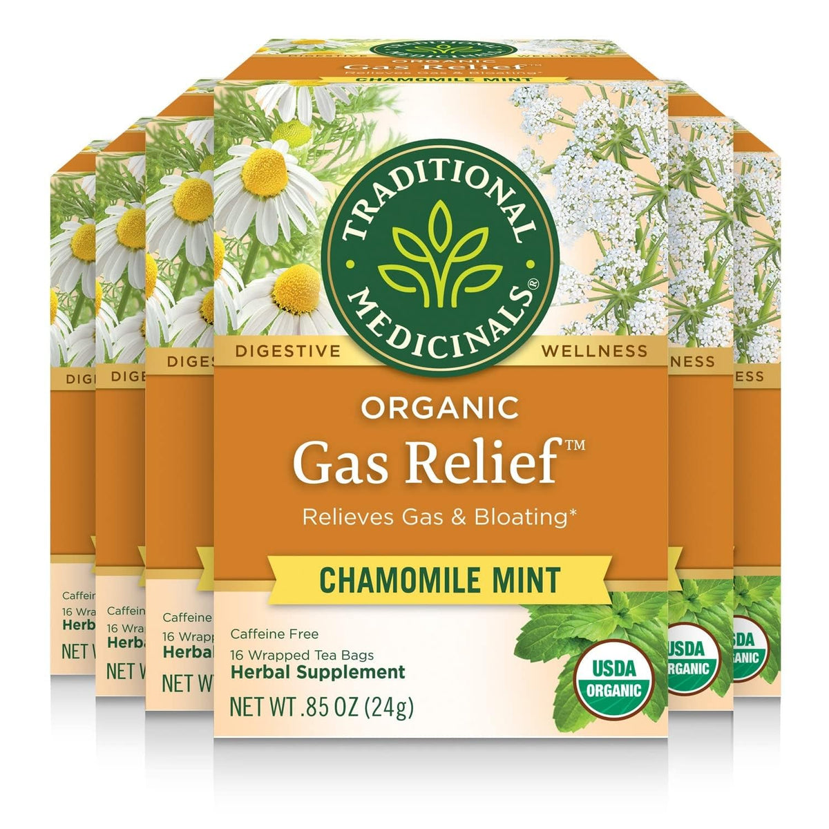 Traditional Medicinals Tea, Organic Gas Relief, Relieves Gas & Bloating, Chamomile Mint, 16 Count (Pack Of 6)