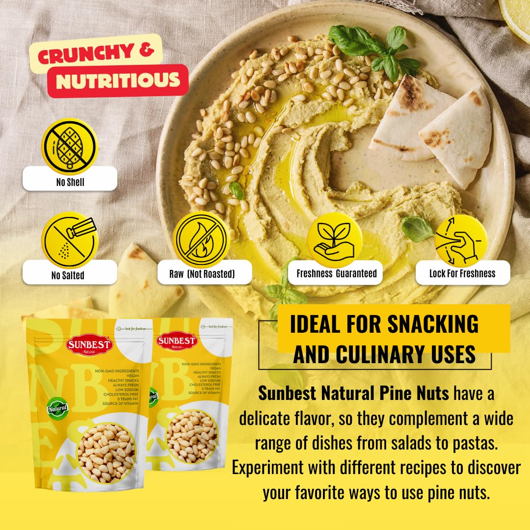 Sunbest Natural Pine Nuts Pignolia 8 Oz 1 Pack – Unsalted, Raw, Crunchy, Fresh & Delicious, Kosher Certified - Ideal For Snacking, Topping & Baking - Non-Gmo, Gluten Free