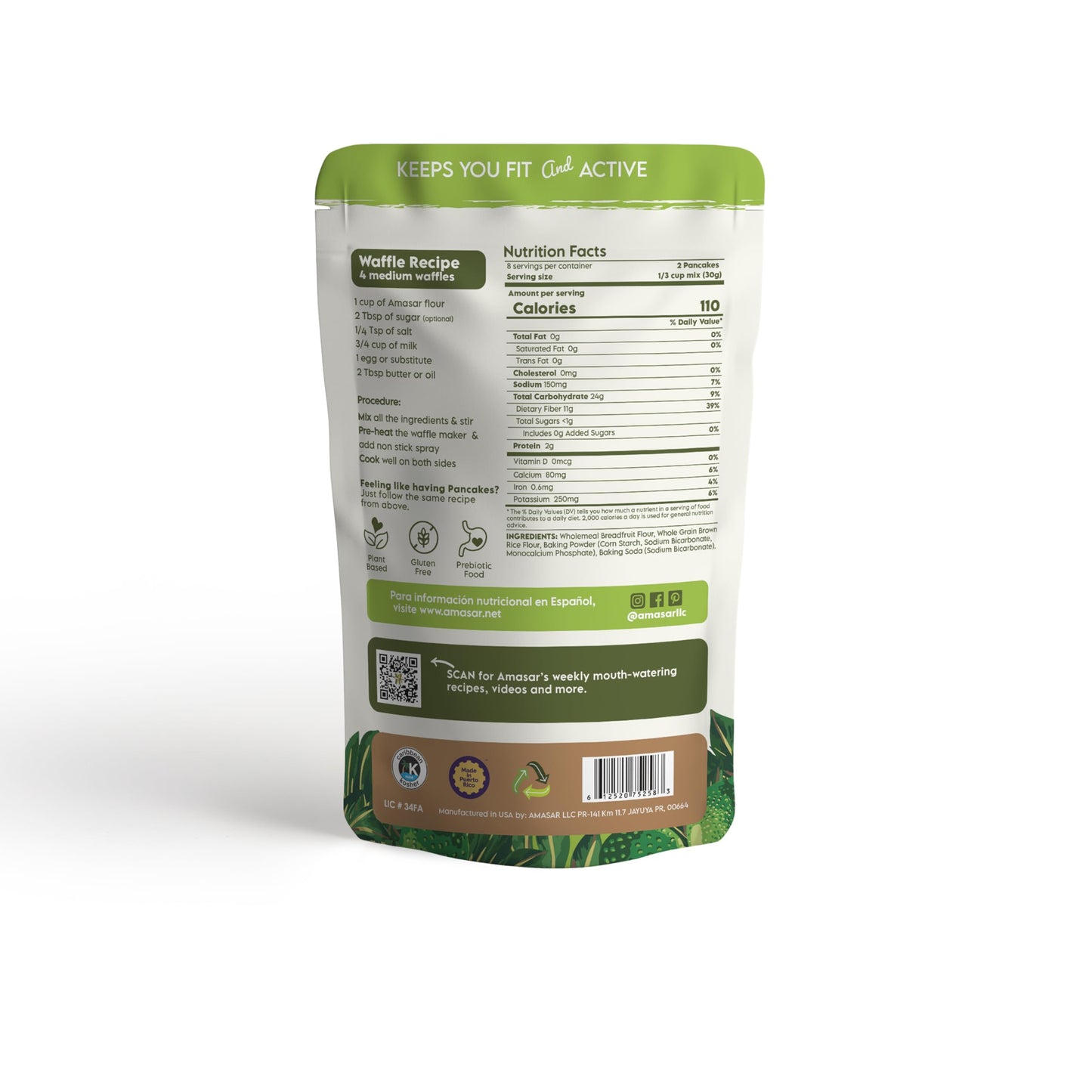 Amasar | Breadfruit Pancake And Waffle Mix |Gluten-Free Non-Gmo High-Fiber No Sugar Added | Best For Pancakes Crispy Waffles | Healthy No Preservatives Breakfast Meal | Plant Based (8.50 Ounce (Pack Of 1))