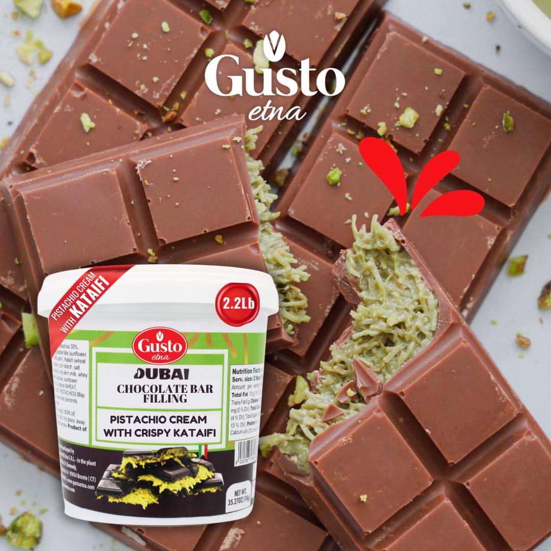 GUSTO ETNA Dubai Pistachio Chocolate Bar Filling- Pistachio Cream with Crispy Kataifi - enhanced Crunchy Spread for Gourmet Dessert Spread  35 oz (1kg)  Product of Italy