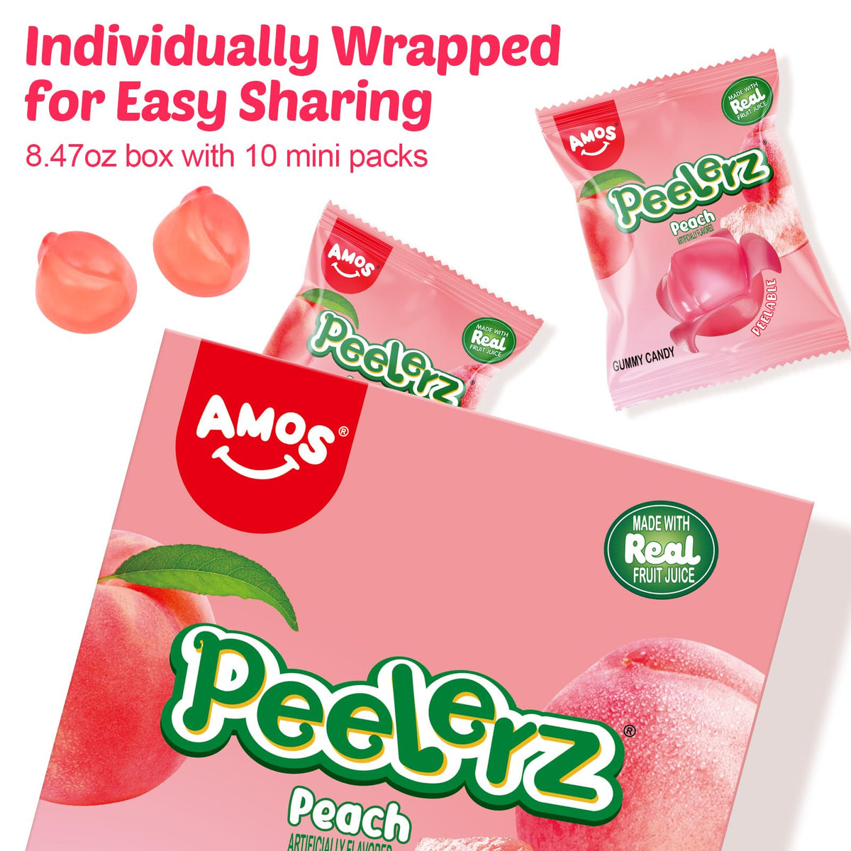 Amos Gummy Peach Candy, Peelable Fruit-Shaped Snack, 8.47oz Box with 10 Packs