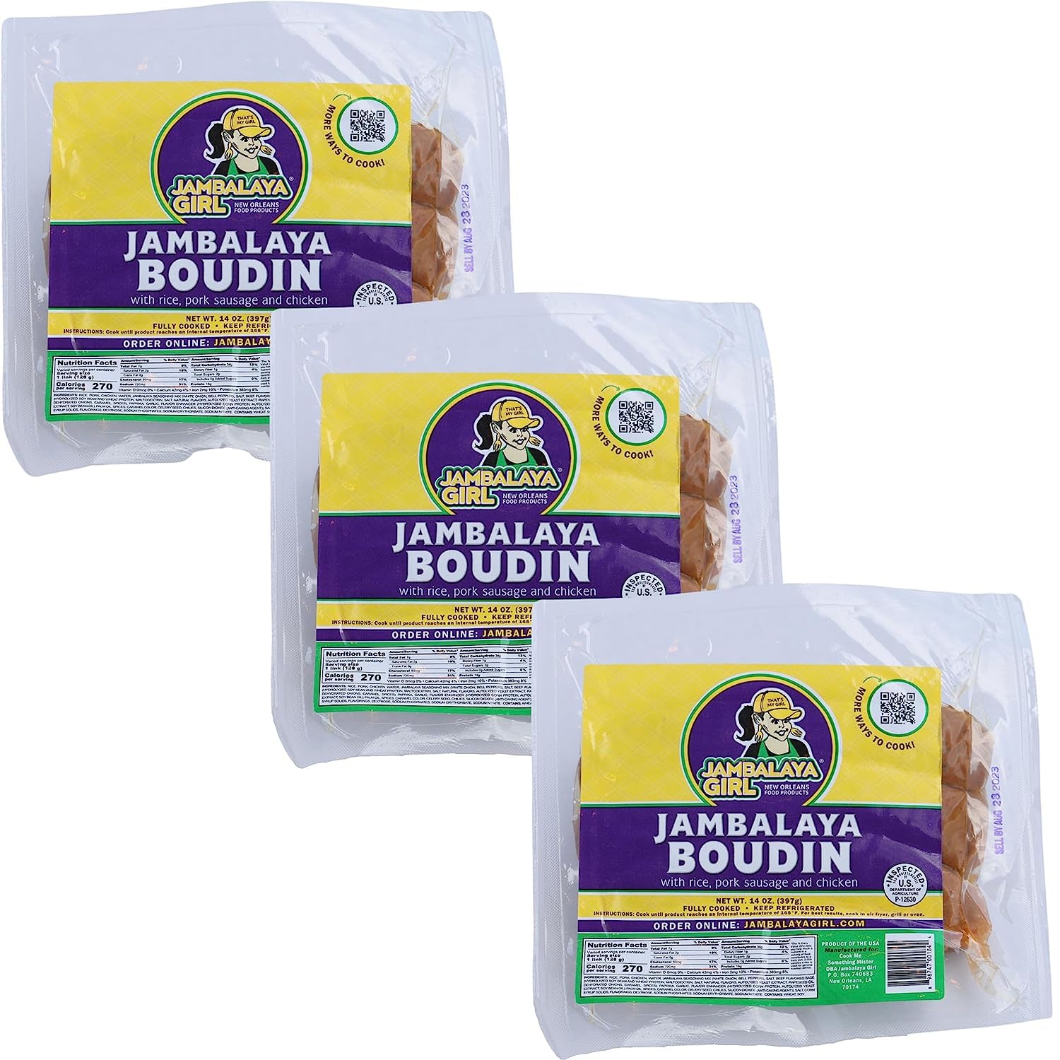 Jambalaya Girl Jambalaya Boudin (Pack of 3) - Rich Flavorful Fusion of Jambalaya and Boudin, Authentic Louisiana Cajun Boudin - 