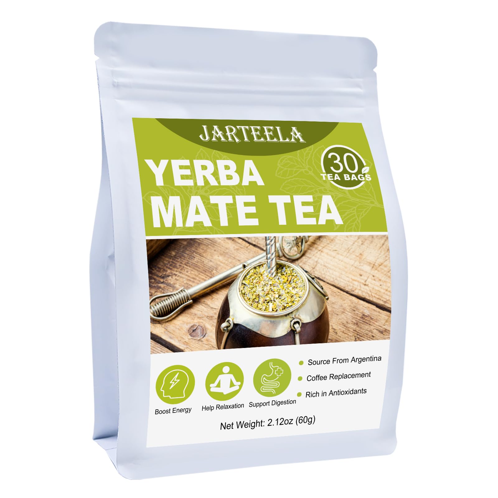 Jarteela Yerba Mate Tea Bags, Unsmoked from Argentina, 2g x 30 Count, Perfect Coffee Replacement