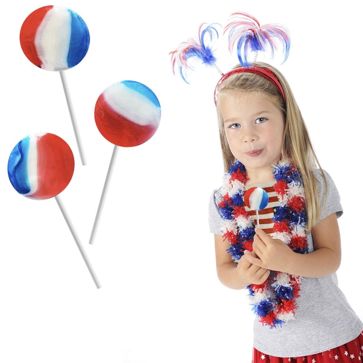 Fruidles Patriotic Striped Cherry Lollipops, Hard Candy, Kosher Certified, 1200 Count, Red, White & Blue