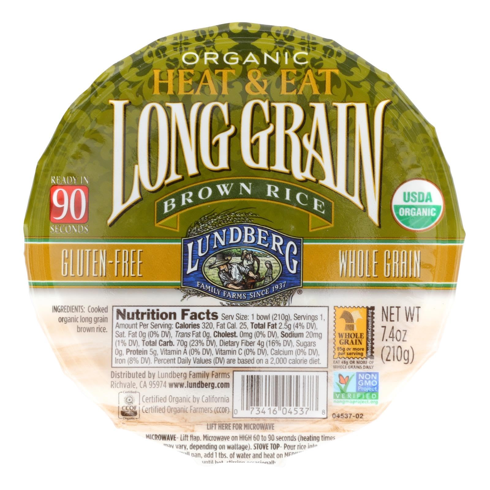 Lundberg Farms Organic Heat and Eat Long Grain Brown Rice, 7.4 Ounce - 12 per case.