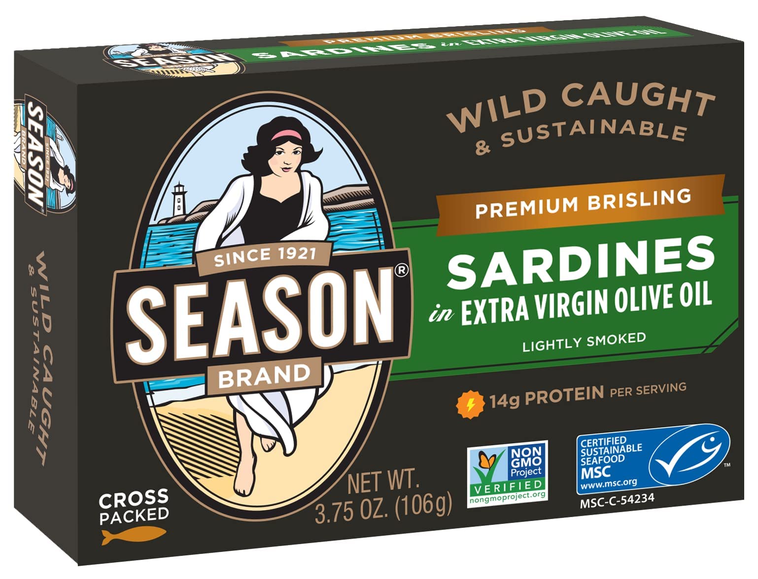 SEASON Brisling Sardines in Extra Virgin Olive Oil - Wild Caught, 3.37 Oz Tins, 12-Pack, High in Calcium, Keto Friendly