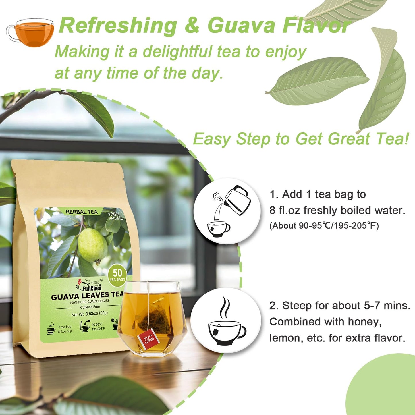 FullChea Guava Leaves Tea Bags - Caffeine-Free, Non-GMO, 50 Count
