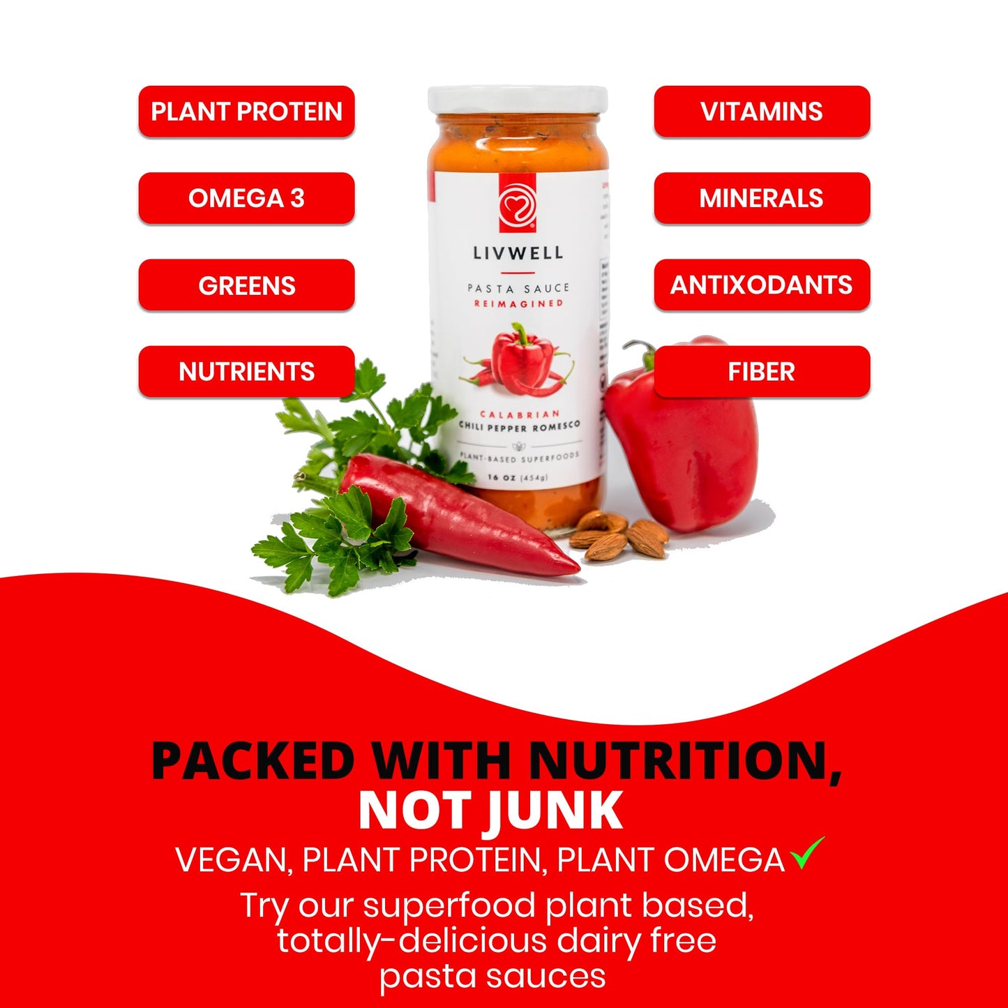 Livwell Calabrian Chili Peppers Pasta Sauce - Pack Of 6 Plant Based Dairy Free Bell Pepper Vegan Sauce With Roasted Red Pepper,
