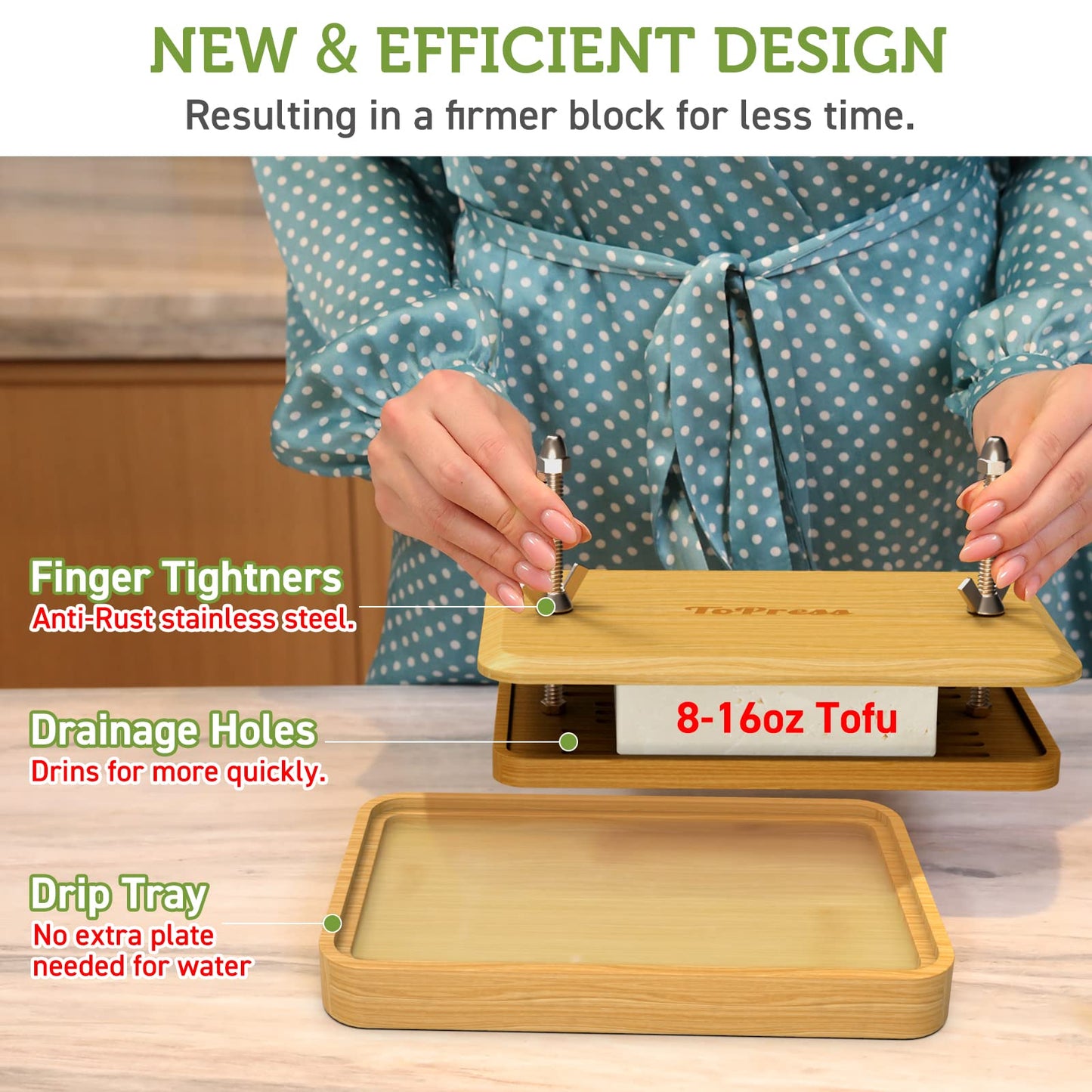 YARKOR Bamboo Tofu Press with Built-in Strainer and Drip Tray, 16oz Size, Medium, Bamboo Material