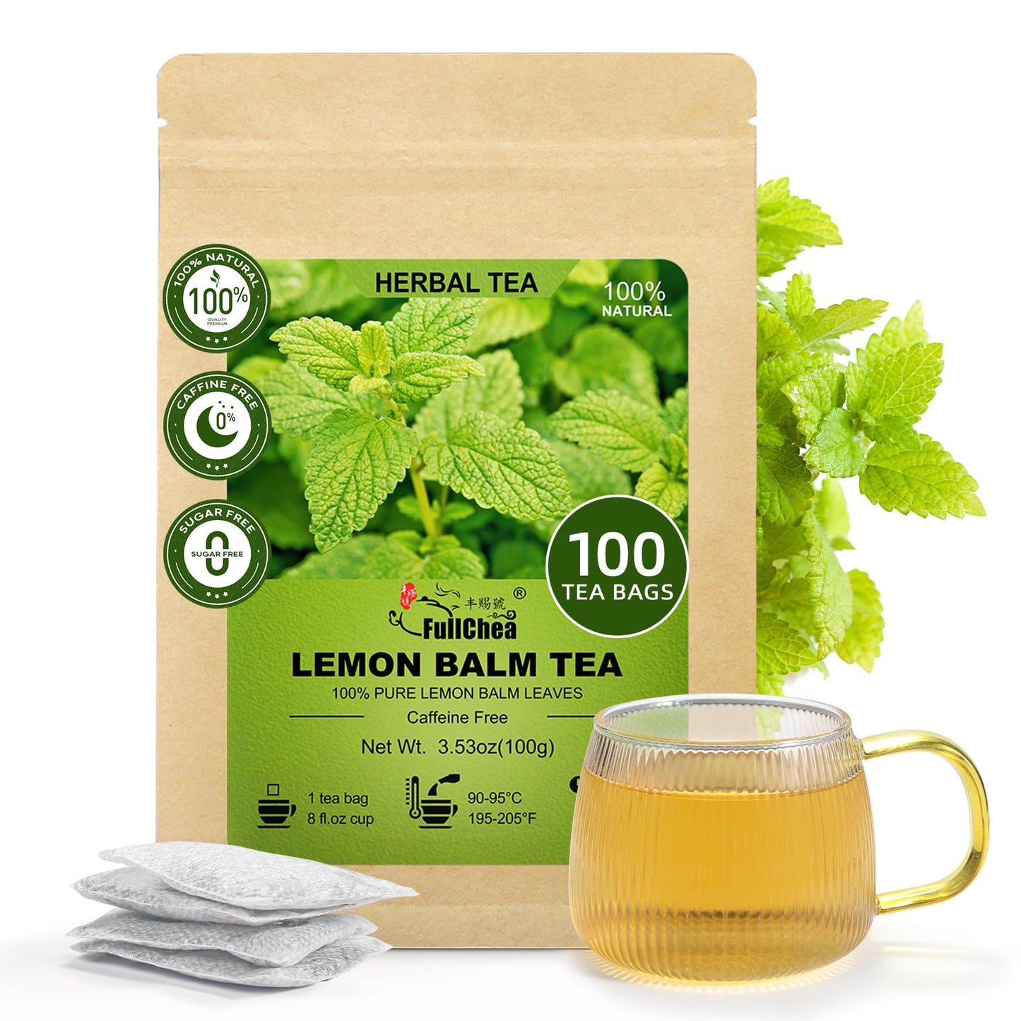 Fullchea - Lemon Balm Tea Bags  100 Count - Pure & Natural Dried Lemon Balm Leaves - Melissa Officinalis - Energy Blend-Free Herbal Tea For Relaxation - Non-Gmo
