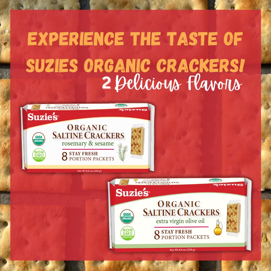 Suzies Organic Rosemary Sesame Saltines Crackers|Healthy Gourmet Baked Vegan Snack for Adults & Children|Non GMO|12 Fresh Packs