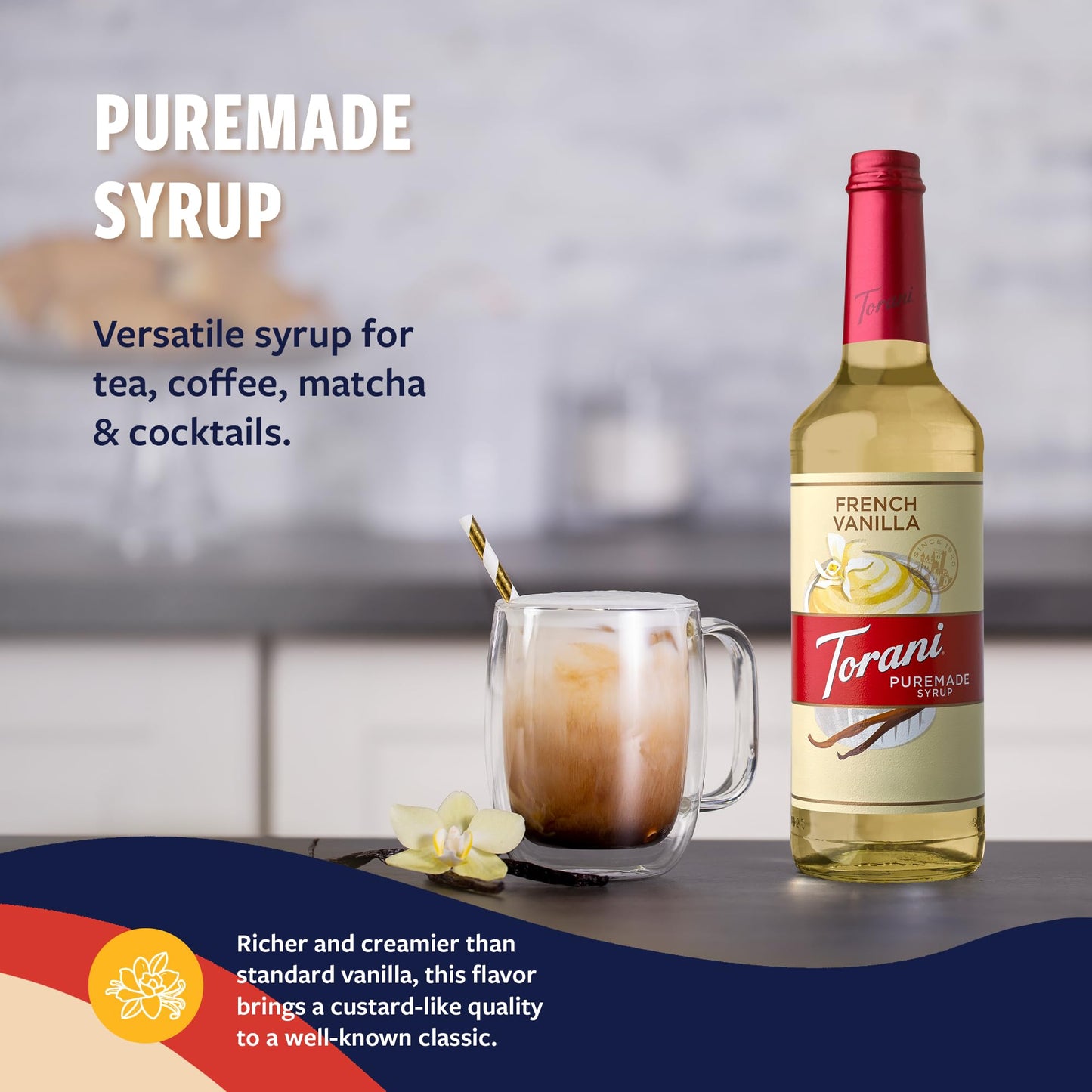 Torani Puremade Syrup  French Vanilla Flavoring for Drinks  Glass Bottle with Pump Included  25.4 Fl Oz