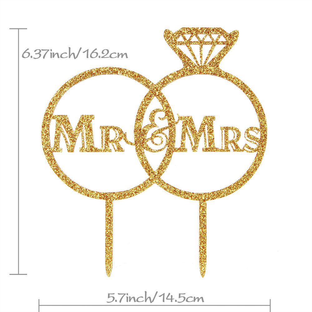 Gold Diamond Ring Mr And Mrs Cake Topper For Wedding, Bride To Be, Groom Bridal Shower Party Decoration (Acrylic)