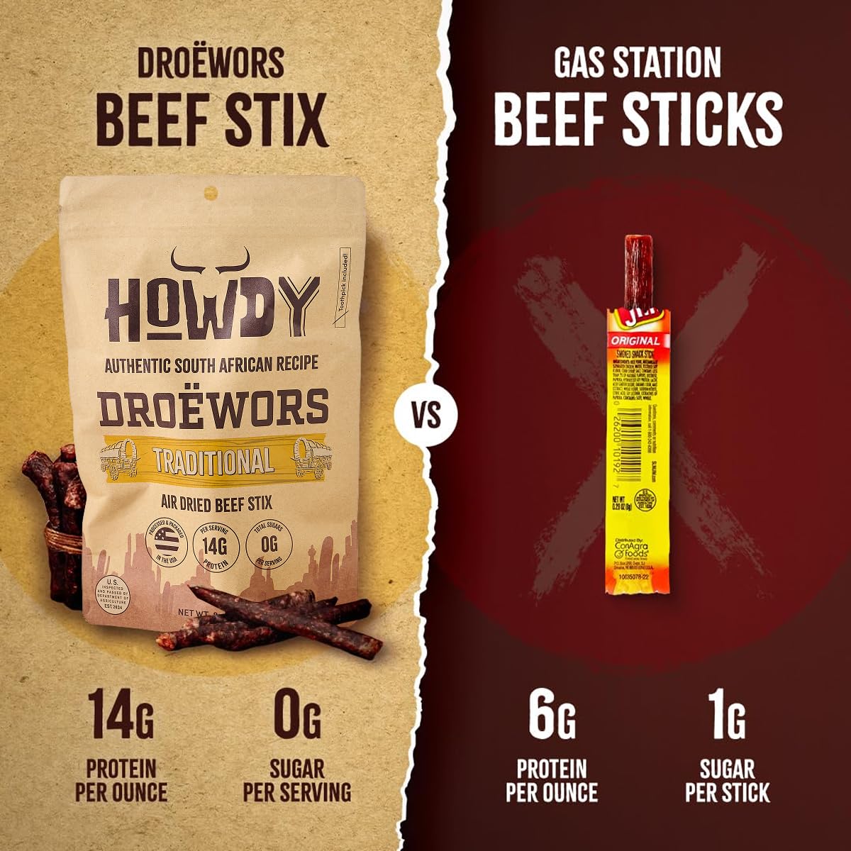 Howdysnax Handcraft Authentic Small Batch Drowors Beef Sticks Sugar Free, Soy Free, Paleo & Keto Friendly Snack