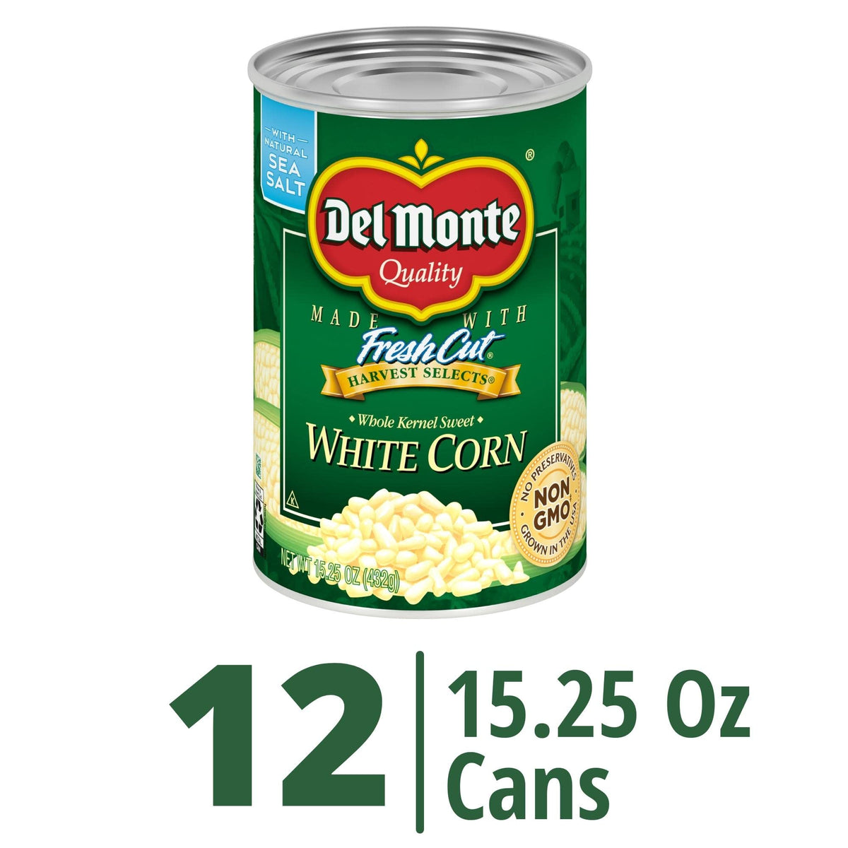 Del Monte Fresh Cut Sweet White Whole Kernel Corn, Canned Vegetables, 15.25 Oz, Pack of 12