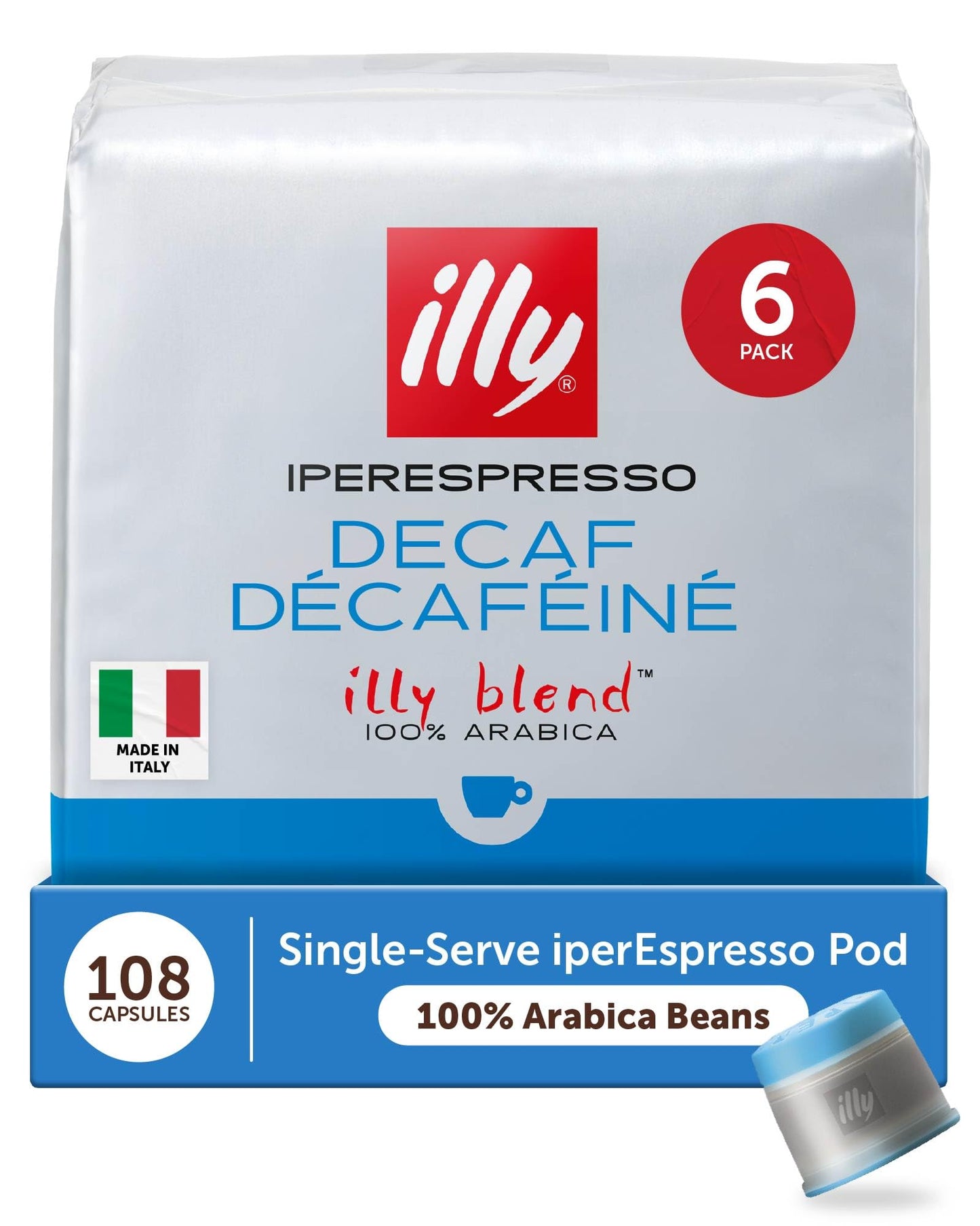 Illy Decaf Coffee IperEspresso Capsules - Single-Serve Coffee Pods - Decaffeinated Classico Medium Roast - Notes of Caramel  Chocolate  and Toasted Bread - 100% Arabica - 18 Count (Pack of 6)