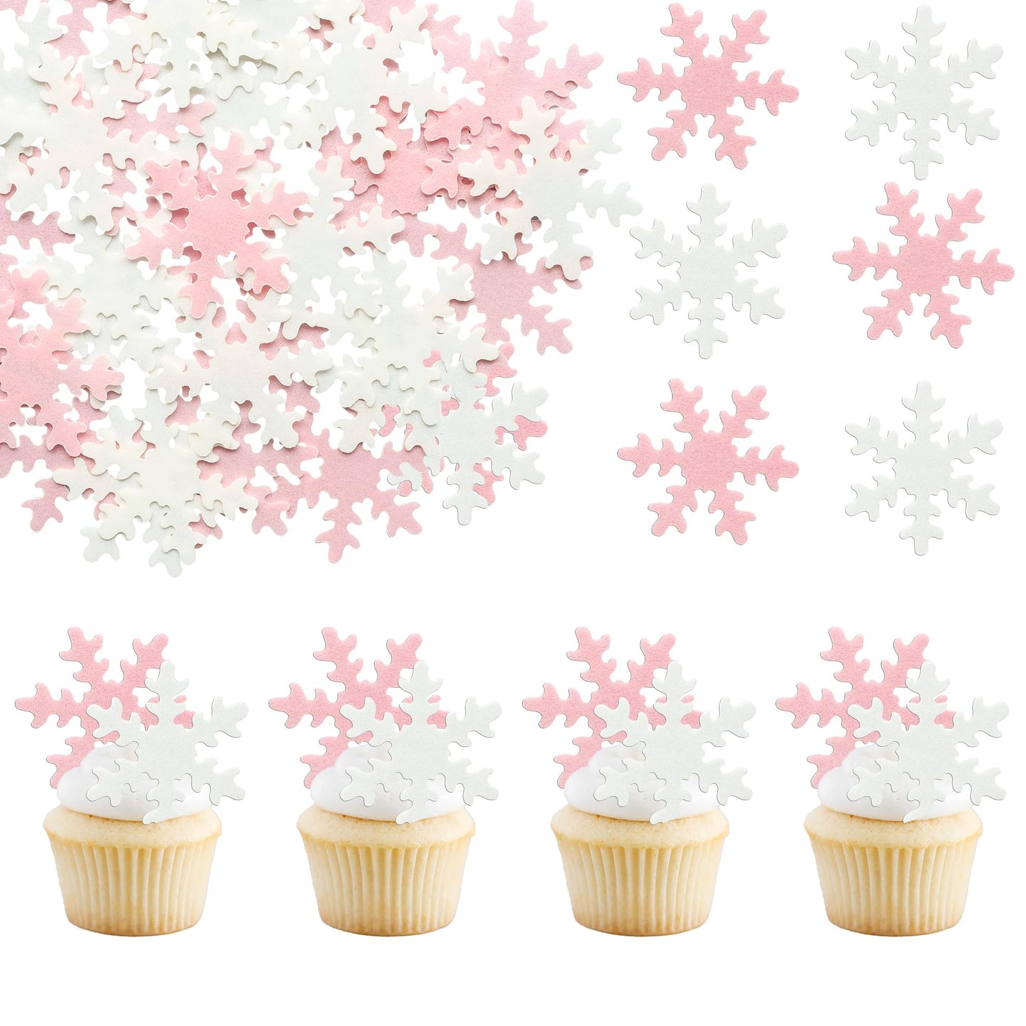 Gyufise 50Pcs Pink Edible Cupcake Toppers, Snowflake Cake Decorations, Rice Paper, 1.7 x 1.7, Christmas Winter Party Supply