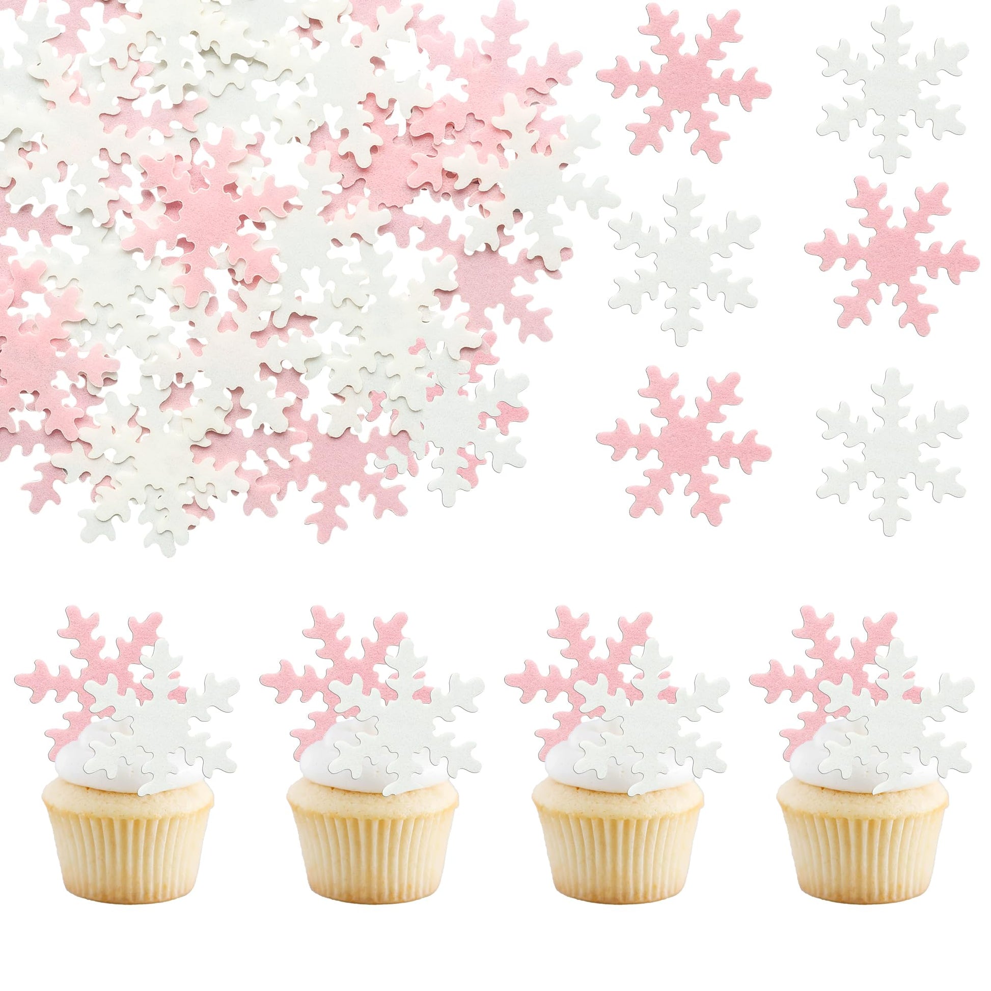 Gyufise 50Pcs Pink Edible Cupcake Toppers, Snowflake Cake Decorations, Rice Paper, 1.7 x 1.7, Christmas Winter Party Supply