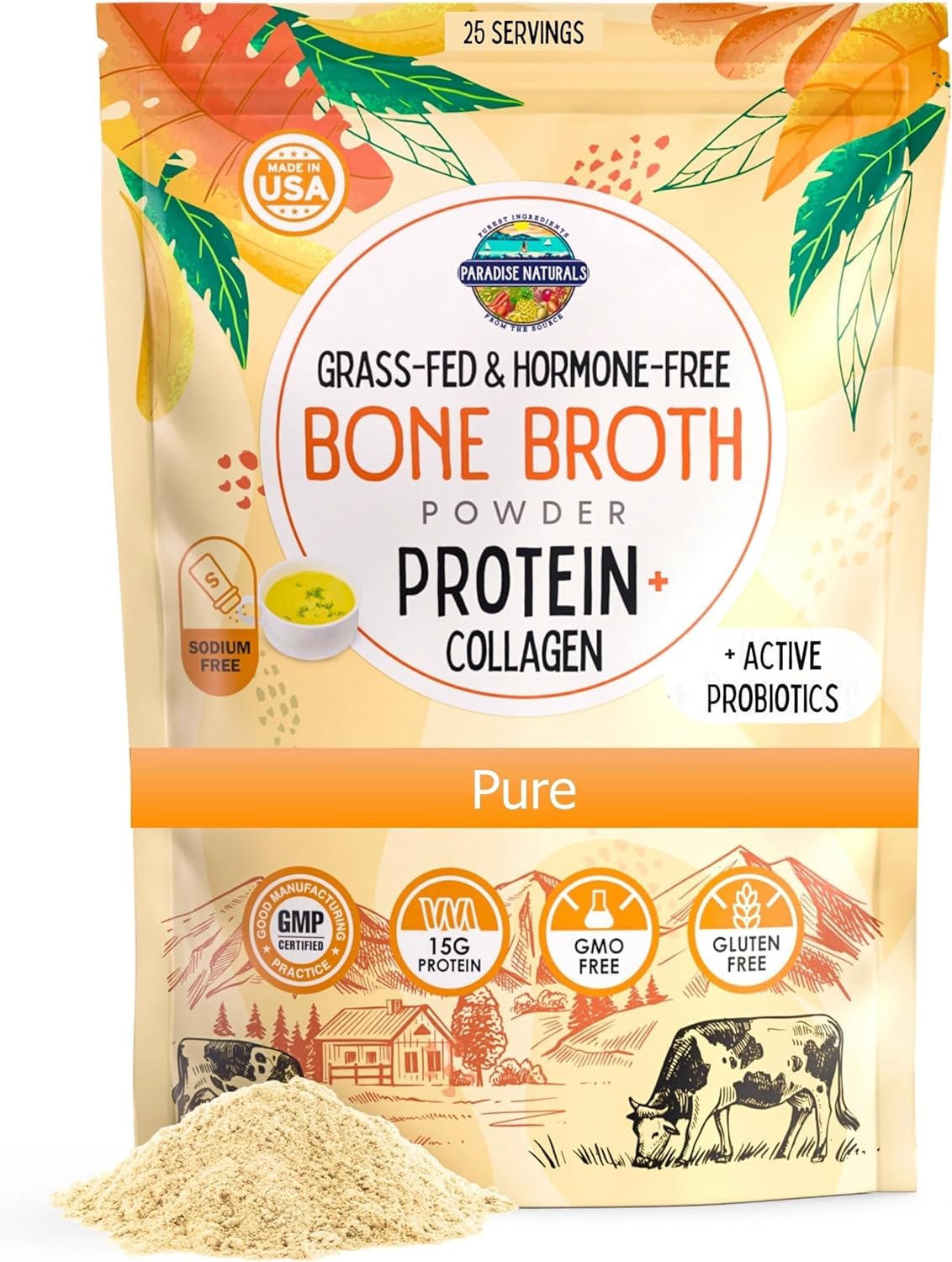 Paradise Naturals 100% Grass-Fed Organic Beef Bone Broth Powder  Probiotics  Collagen  15G Protein  Non-Gmo  Low Sodium  Gut Health  Paleo  Keto  Gluten-Free  Healthy Skin  Hair  Joints - 25 Servings