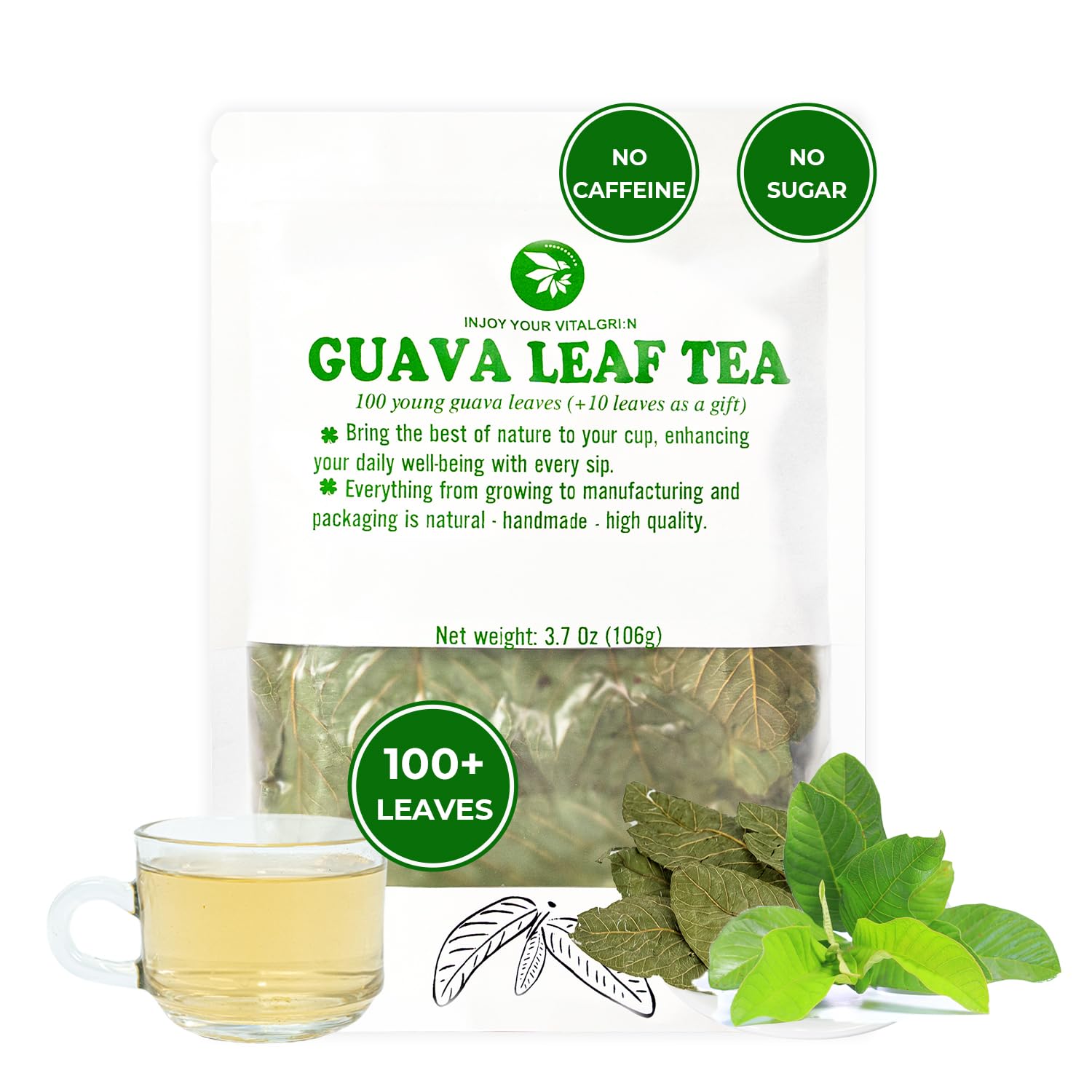 INJOY YOUR VITALGRI:N Young Guava Leaf Tea, 100+ Dried Whole Leaves, Caffeine Free, 3.39 oz, Vacuum Sealed, Herbal Tea